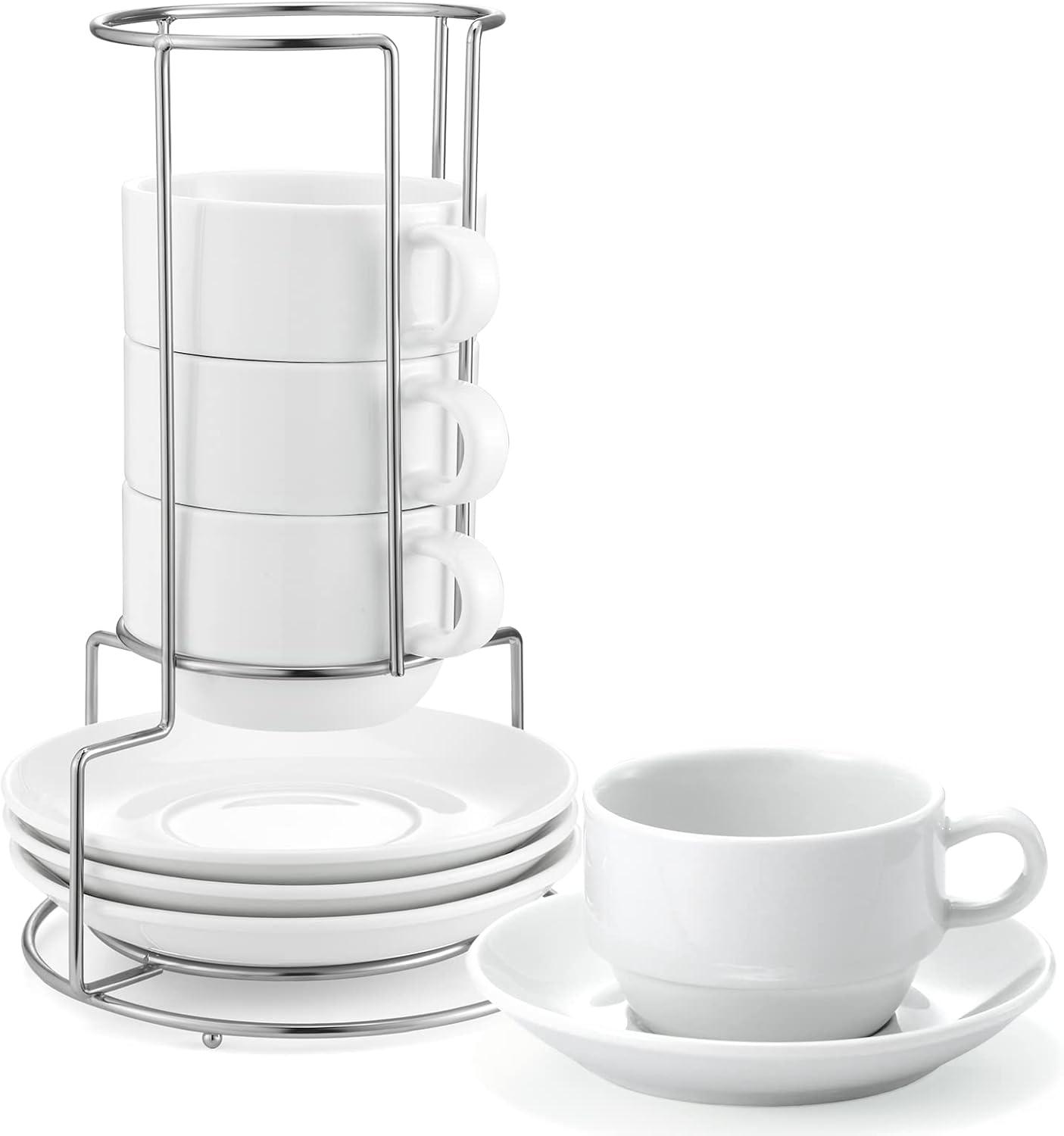 White Porcelain 4-Ounce Stackable Espresso Cups with Saucers and Metal Stand