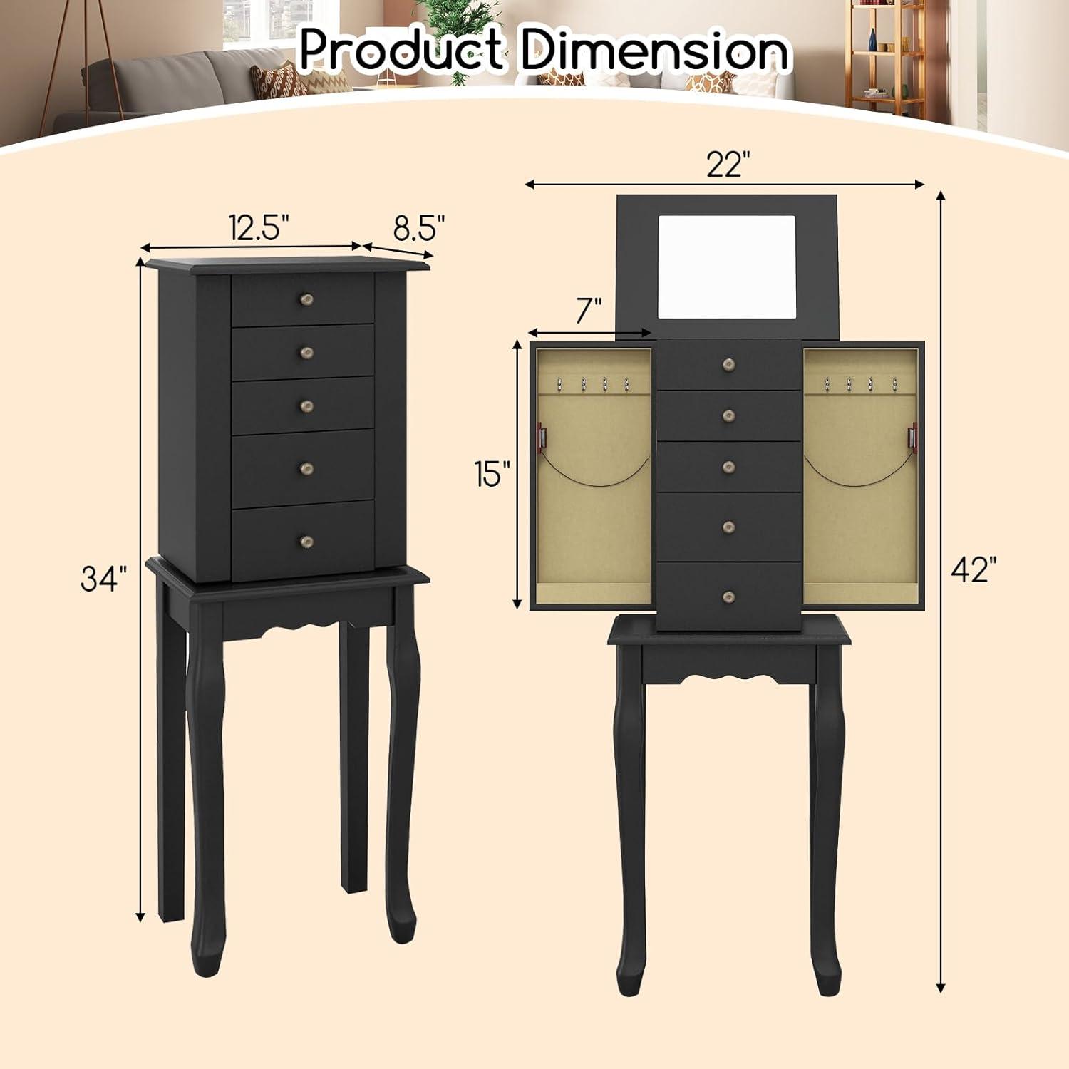 Giantex Jewelry Cabinet Armoire with Top Mirror, 5 Drawers, 2 Swing Doors, Wooden Jewelry Treasure Storage Chest with Large Storage, Standing Jewelry Organizer (Black)