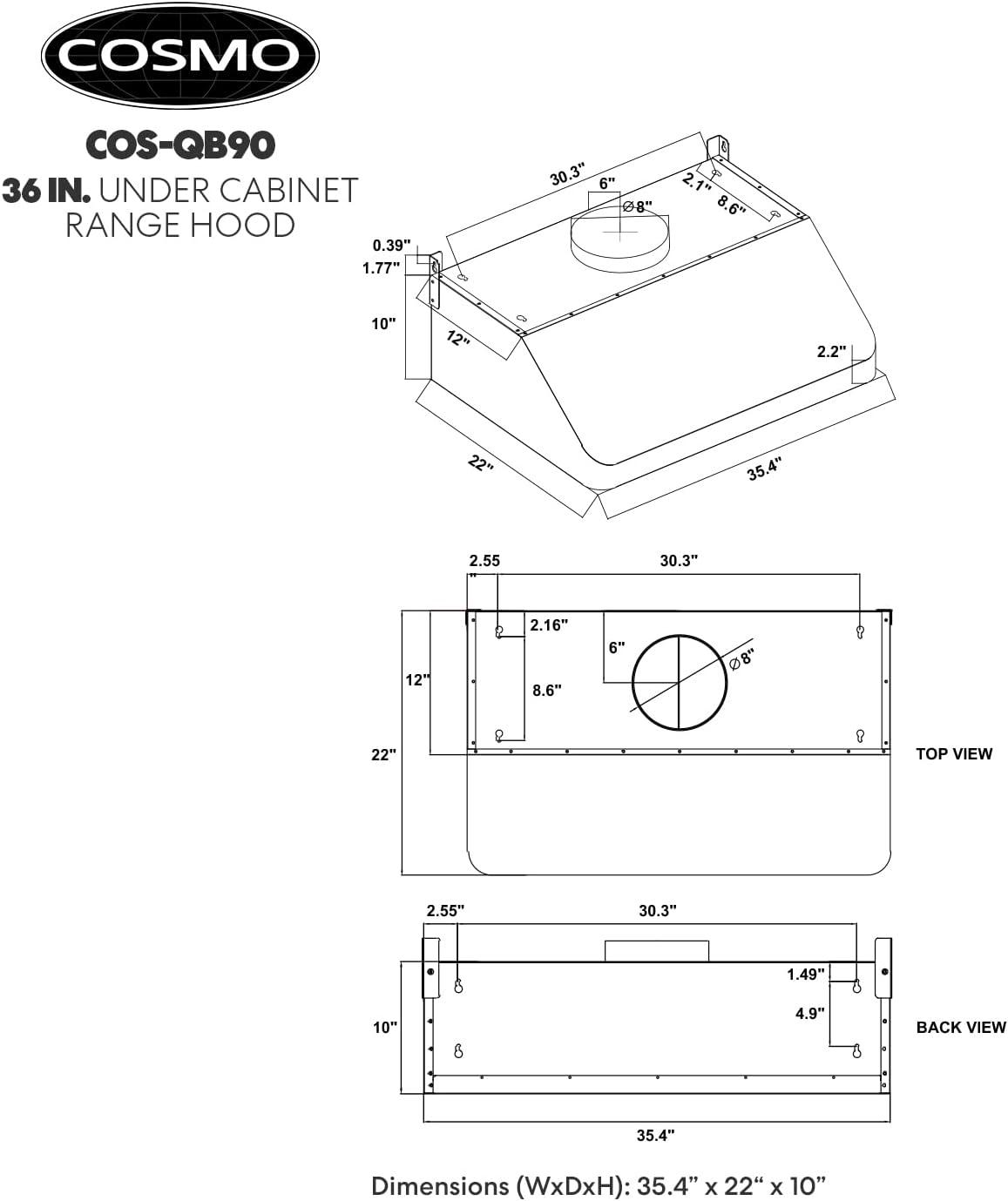 Cosmo 36 in. Ducted Under Cabinet Range Hood in Stainless Steel with Push Button Controls, Permanent Filters, LED Lights