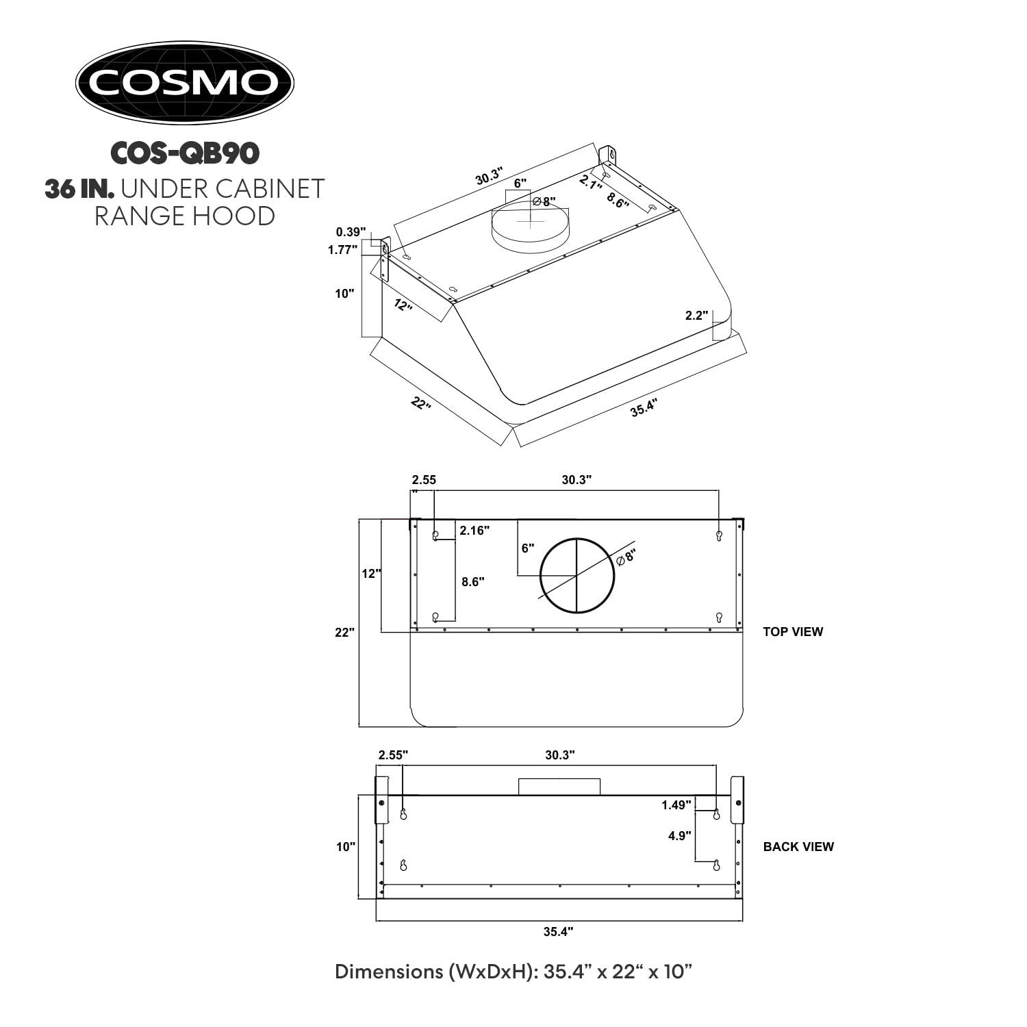 Cosmo 36 in. Ducted Under Cabinet Range Hood in Stainless Steel with Push Button Controls, Permanent Filters, LED Lights