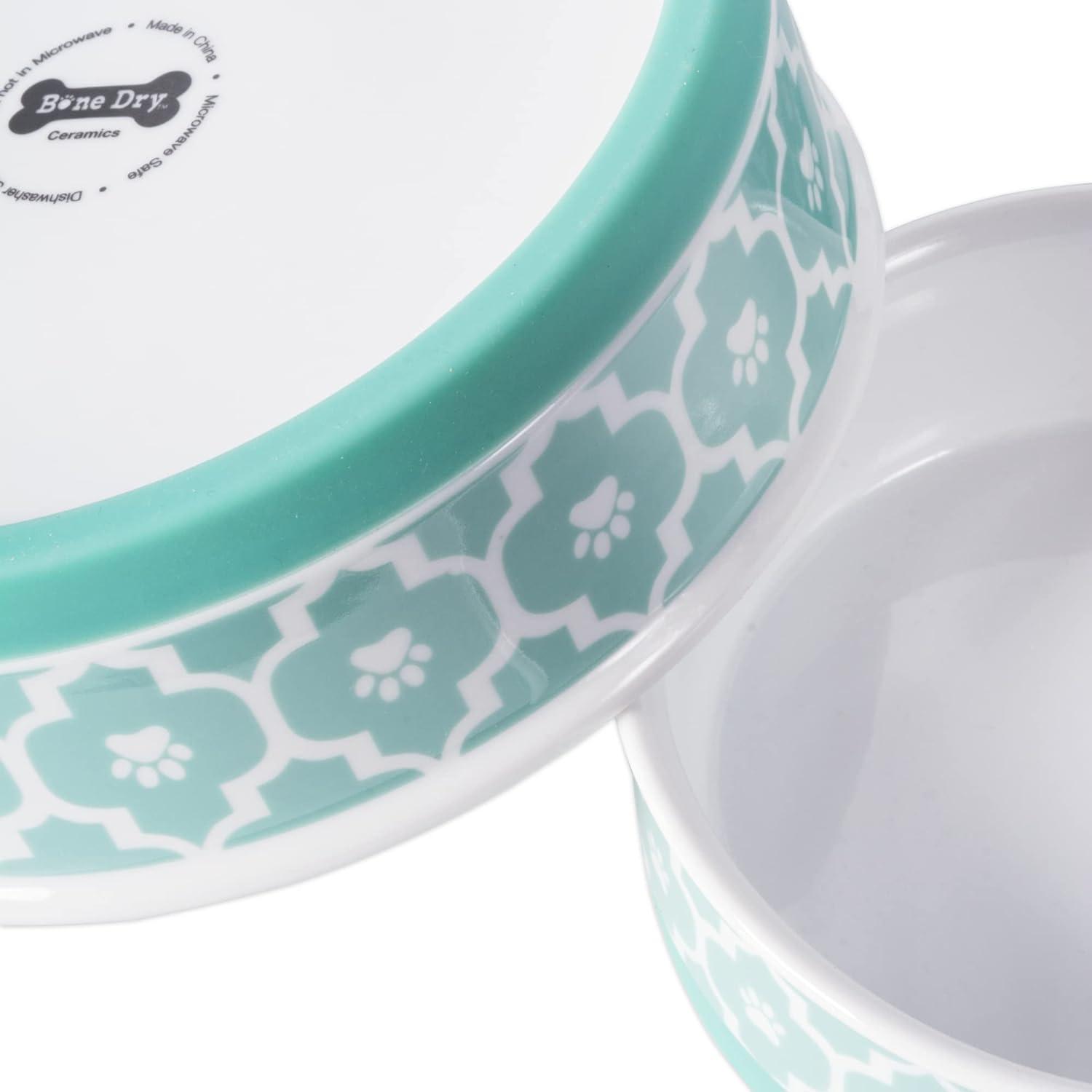 Aqua Ceramic Non-Skid Pet Bowl with Paw Print Design