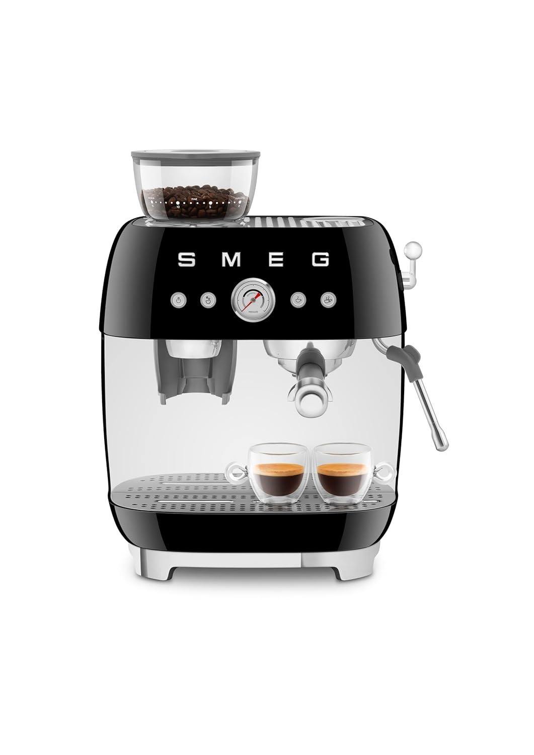 SMEG Black Semi-Automatic Coffee and Espresso Machine with Milk Frother
