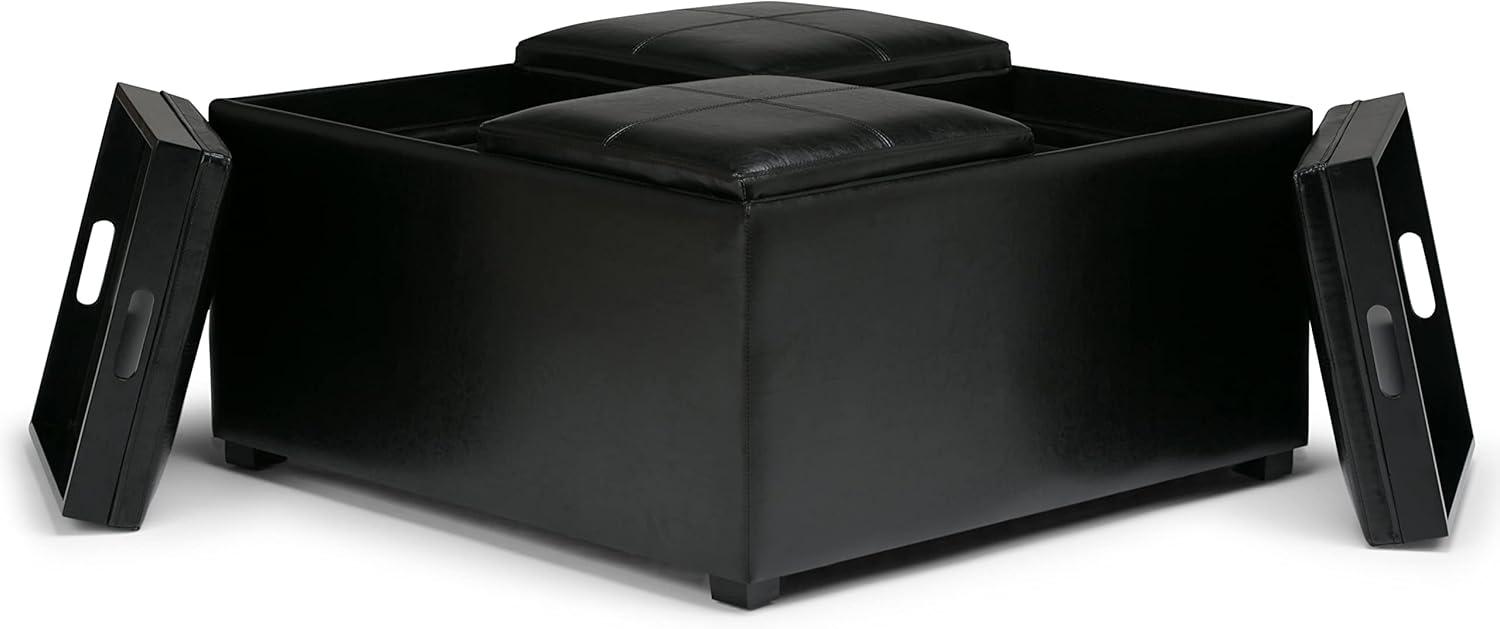 Simpli Home Avalon 35"W Upholstered Square Coffee Table Storage Ottoman with Flip-Over Trays