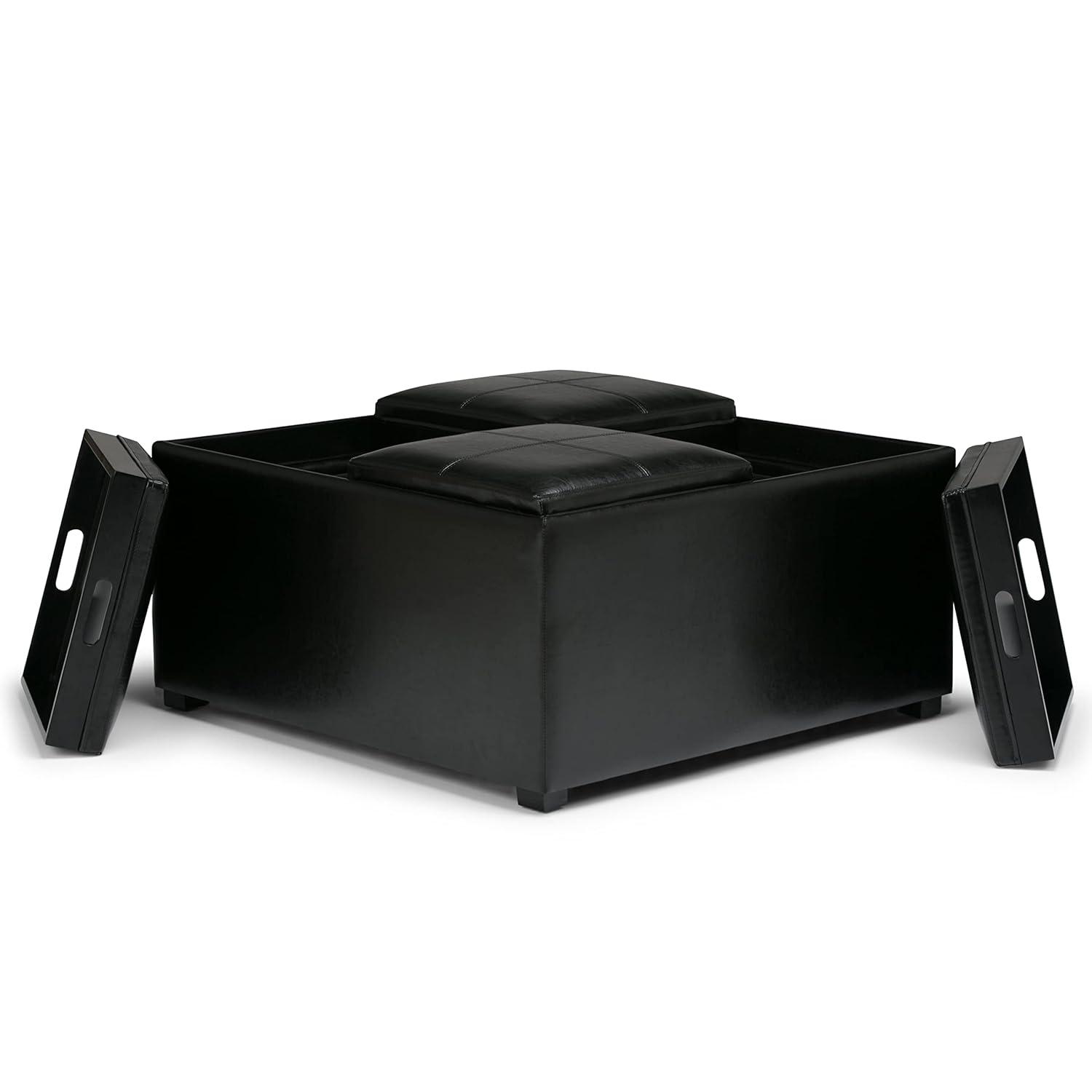 Simpli Home Avalon 35"W Upholstered Square Coffee Table Storage Ottoman with Flip-Over Trays
