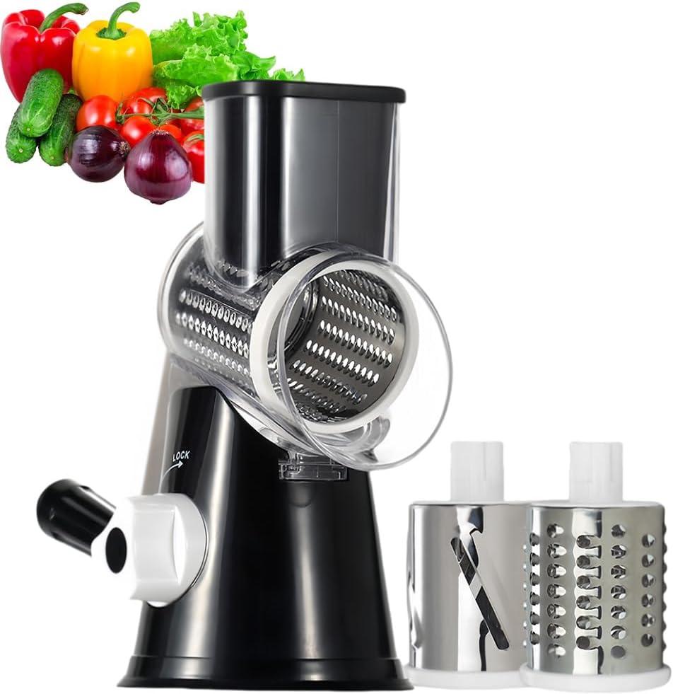 Rotary Cheese Grater Cheese Shredder - Kitchen Manual Cheese Grater with Handle Vegetable Slicer Nuts Grinder 3 Replaceable Drum Blades and Strong Suction Base Free Cleaning Brush