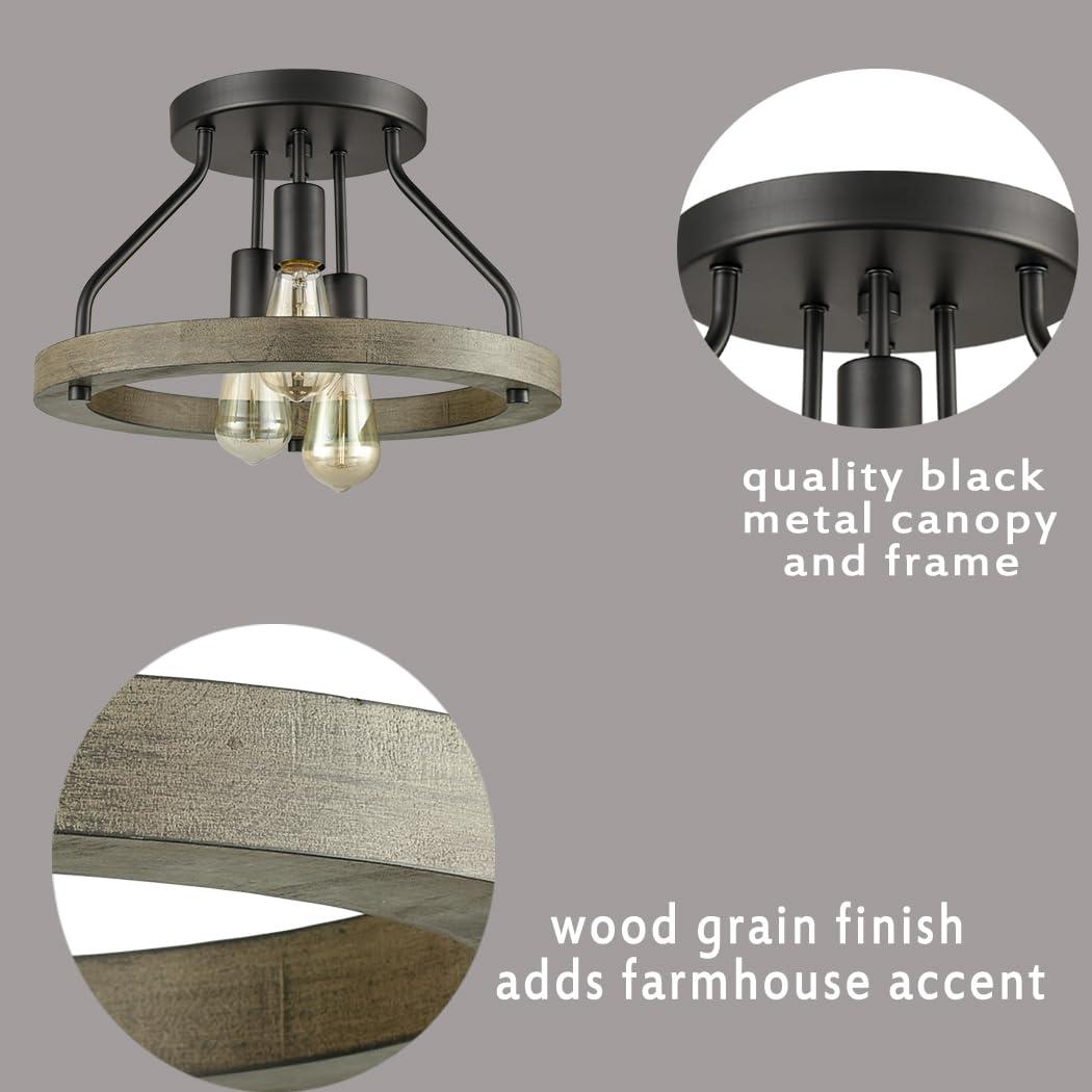 Farmhouse Flush Mount Ceiling Light Black Metal Lighting with Wood Grain Finish