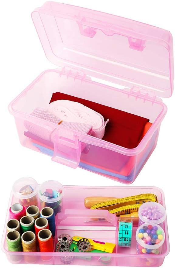 BangQiao Multipurpose Plastic Storage Container Organizer Box Case with Removable Tray and Handle for Art, Craft, Sewing Supplies, Clear&Pink