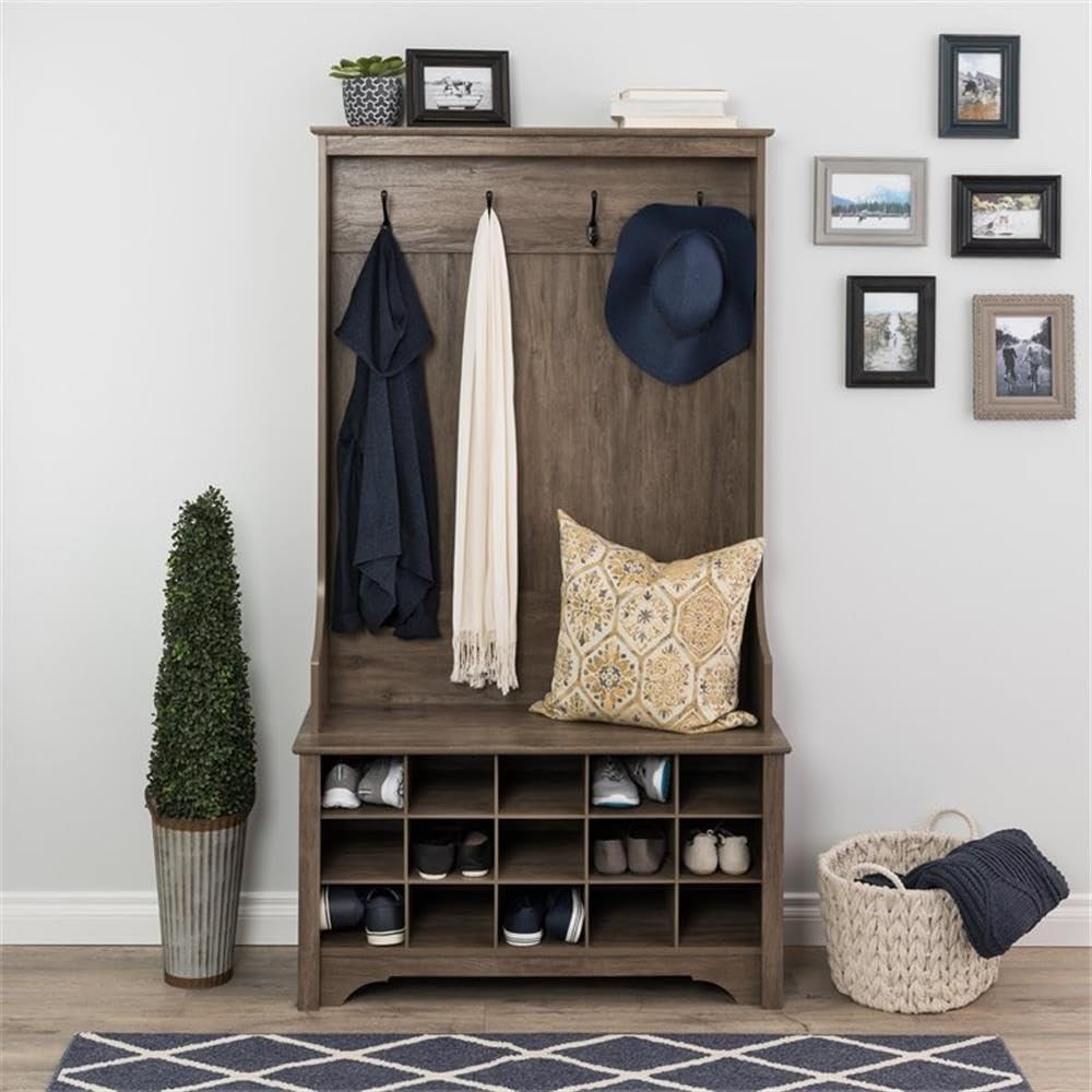 Prepac Hall Tree with Shoe Storage Drifted Gray : Entryway Organizer, Mudroom Bench, 4 Hooks, 15 Cubbies