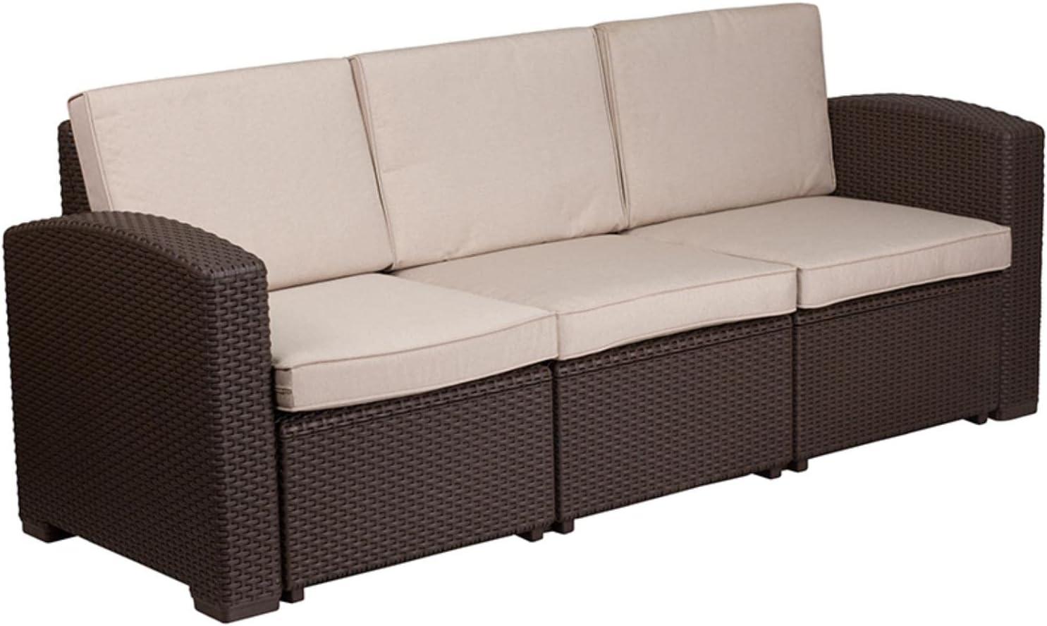 Merrick Lane 4 Piece Dark Gray Faux Rattan Patio Furniture Set with 2 Chairs and Sofa with Removable Light Gray Cushions and Table