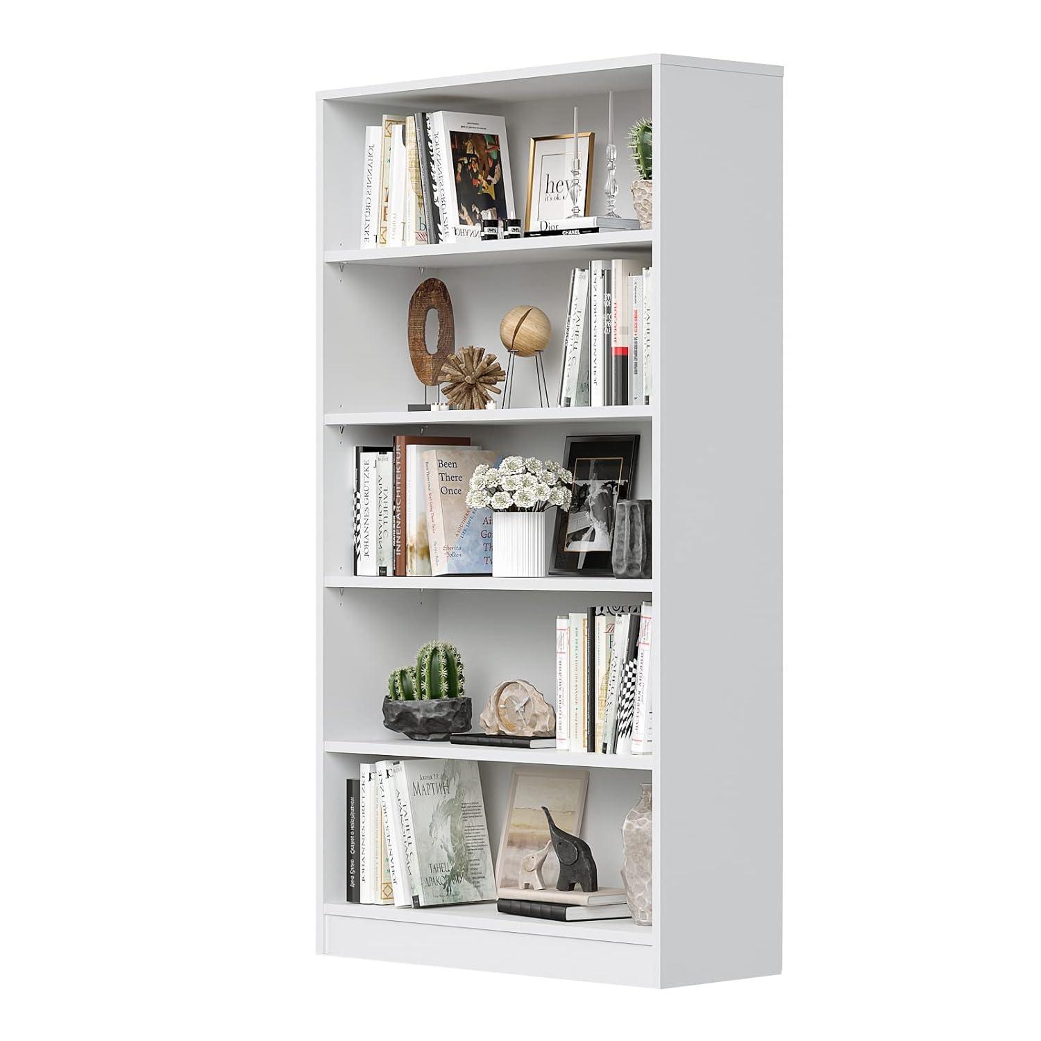 Wood Bookcase 5-Shelf Freestanding Display Wooden Bookshelf for Home Office School (11.6" D*33" W*59.8" H,White)