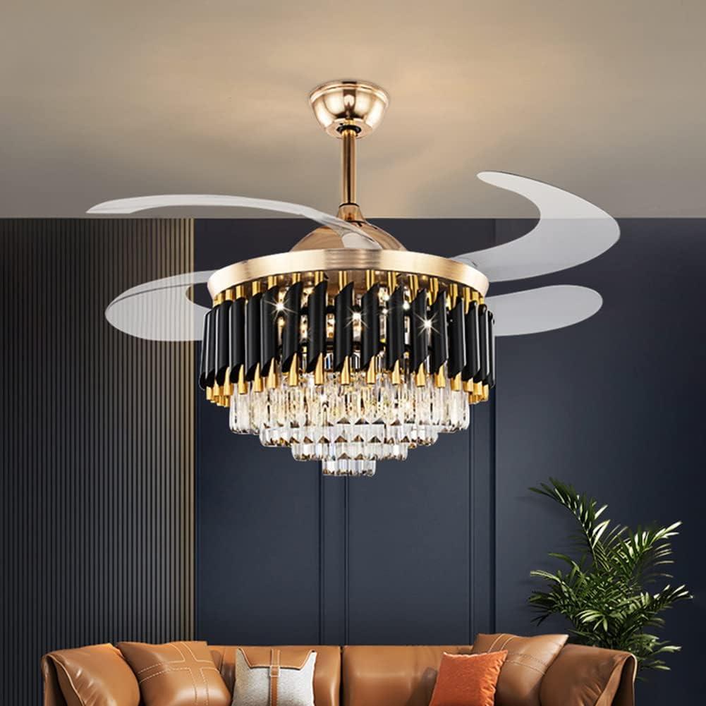 HOOMEDELIER 42" Chandelier Ceiling Fan with Remote, Crystal Beads Framed Fan with 4 Retractable Blades Smart Indoor Fandelier Fan