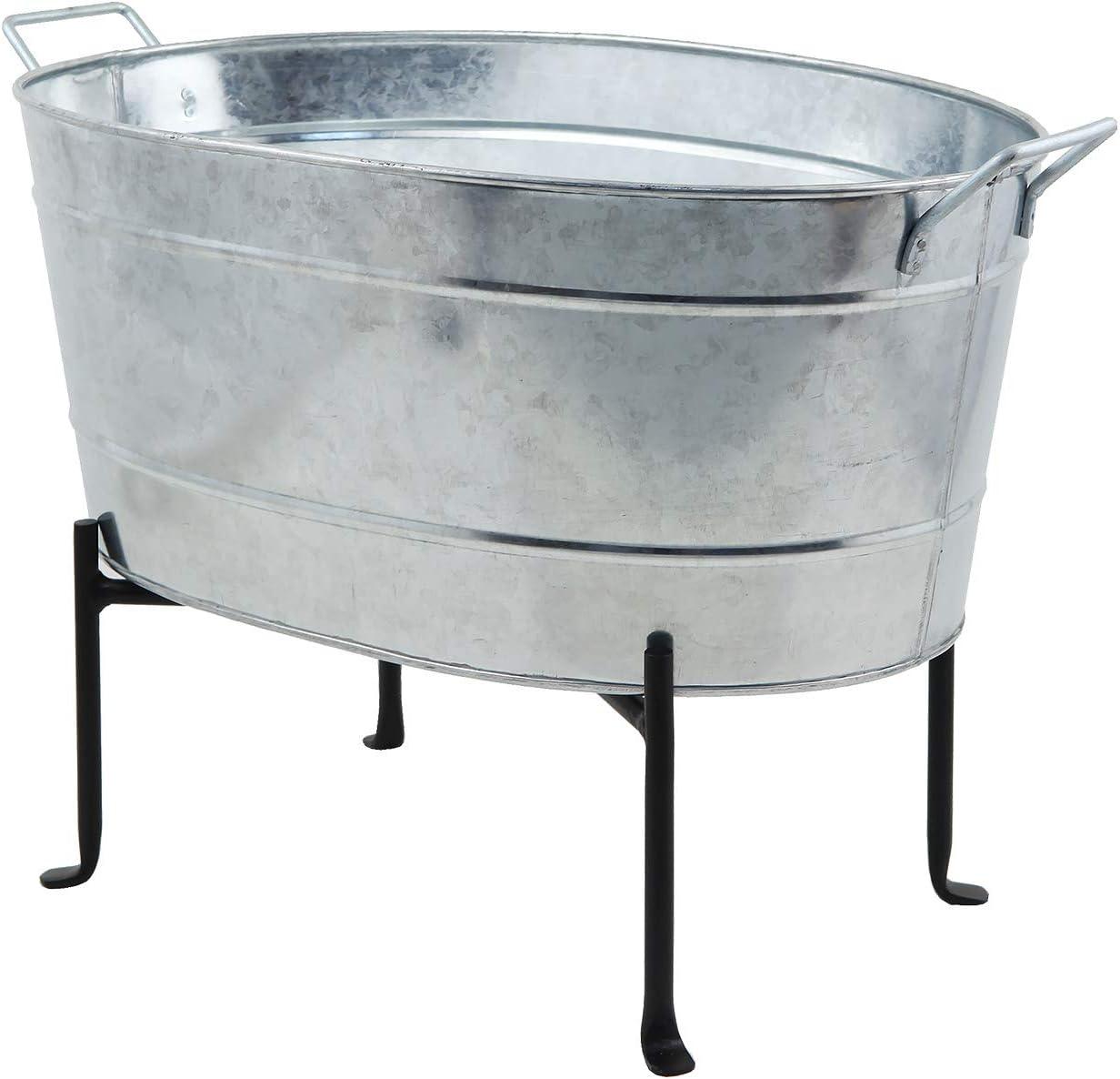 24" Classic Oval Galvanized Tub With Folding Stand Steel - ACHLA Designs: Wrought Iron Beverage & Plant Stand