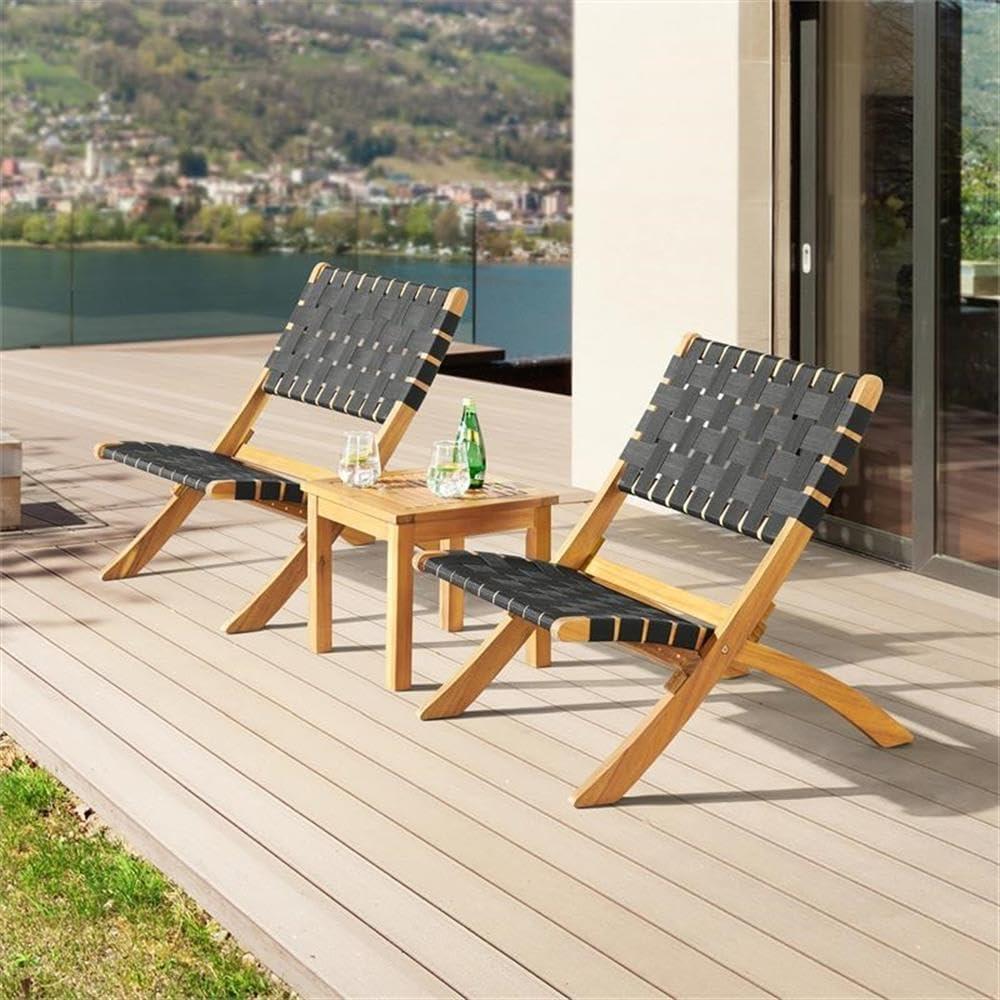 Barre 2 Pc Solid Acacia Frame And Poly Woven Seats Outdoor Bistro Set, 2 Chairs And 1 14"H Table