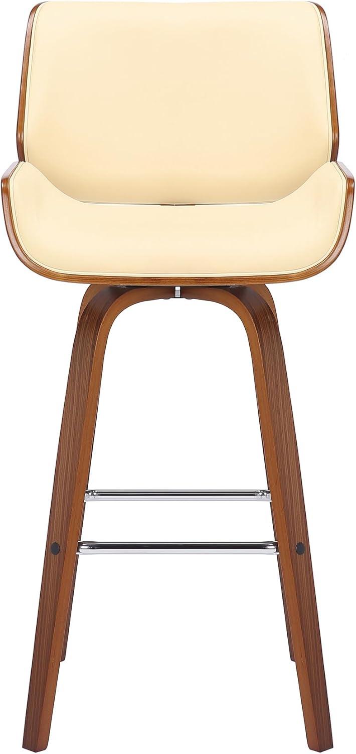 Cream Faux Leather and Walnut Wood Swivel Bar Stool, 26" Seat Height