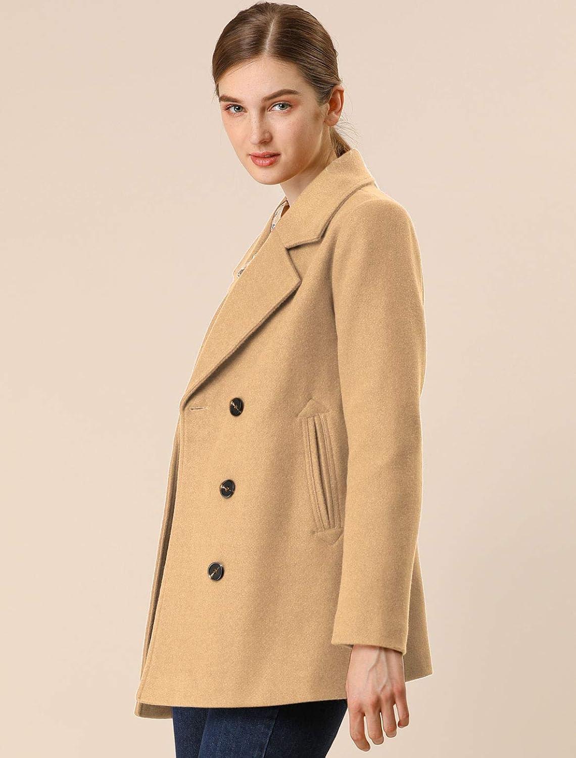 Allegra K Women's Long Sleeves Double Breasted Button Winter Outerwear Pea Coat Camel X-Large
