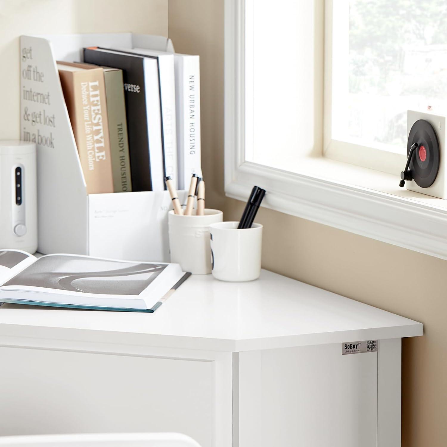 Haotian Floor Standing Corner Desk Triangle Computer Desk with Drawer and Shelf, Home Office Desk, Computer Workstation, White FWT31-W