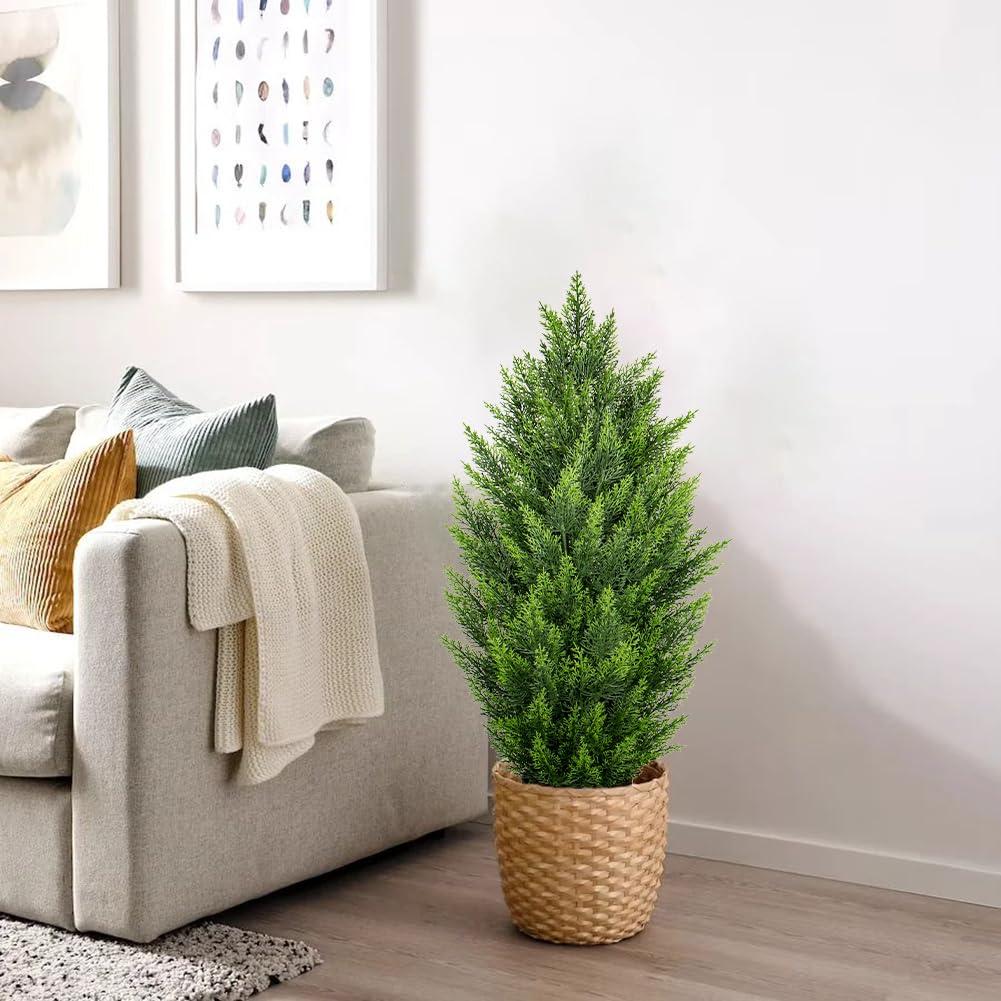 5ft Artificial Cedar Topiary Trees for Outdoors, Fake Cypress Plants with Solar Light String, Faux uv resistant Plants for Home Front Porch Decor, Housewarming Gift