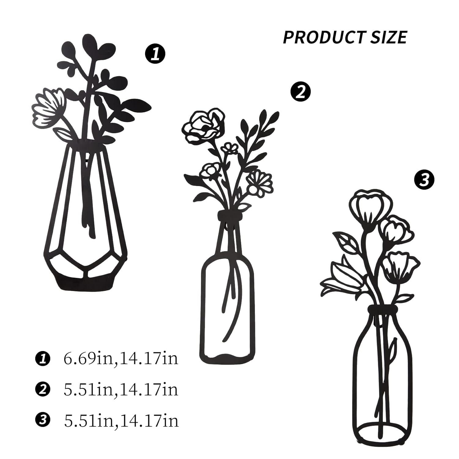 3 Pieces Black Metal Flowers Wall Decor Vase Art Sculptures Hanging for Indoor Kitchen Bathroom Dining Room Patio, 14.56x7.48 Inches