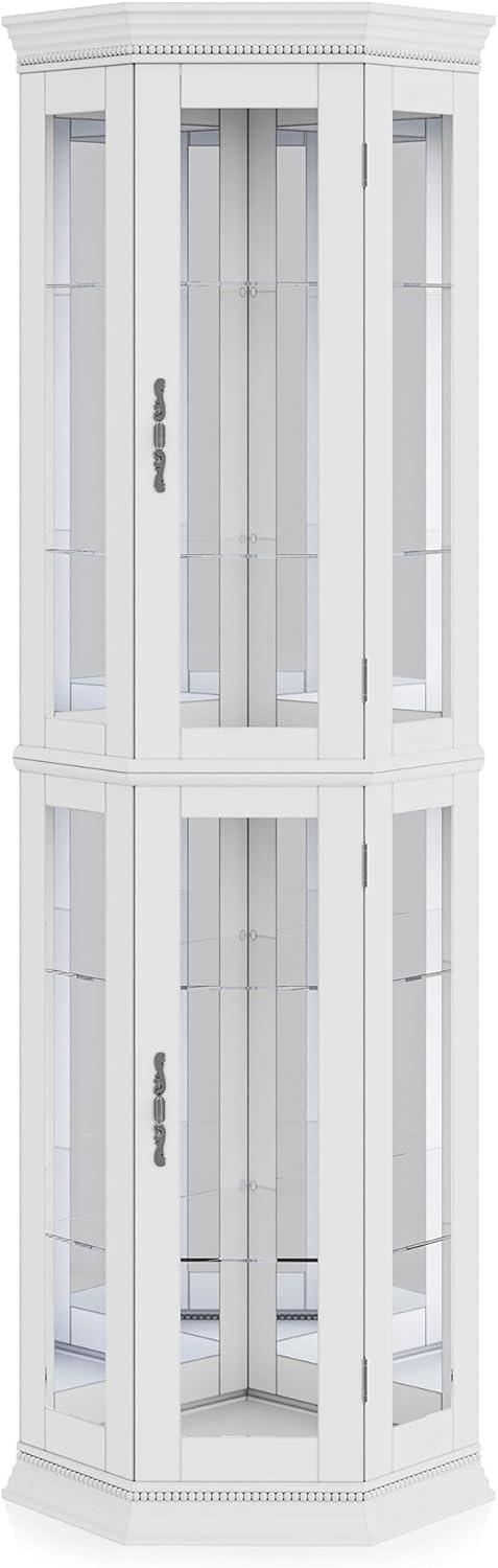 BELLEZE Lighted 3-Side Glass Display Curio Cabinet w/ Tempered Glass Doors & Shelves, Accent Wooden Corner Cabinet with Bulb, Corner Storage Decoration Rack for Living room & Bedroom Corona (White)