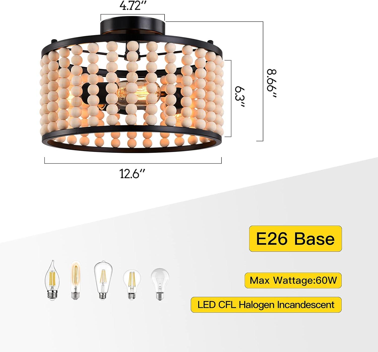 Farmhouse Boho Light Fixture, 3-Light Wood Beaded Chandelier, Black Semi Flush Mount Ceiling Light for Dining Room, Kitchen, Hallway, Bedroom, Living Room