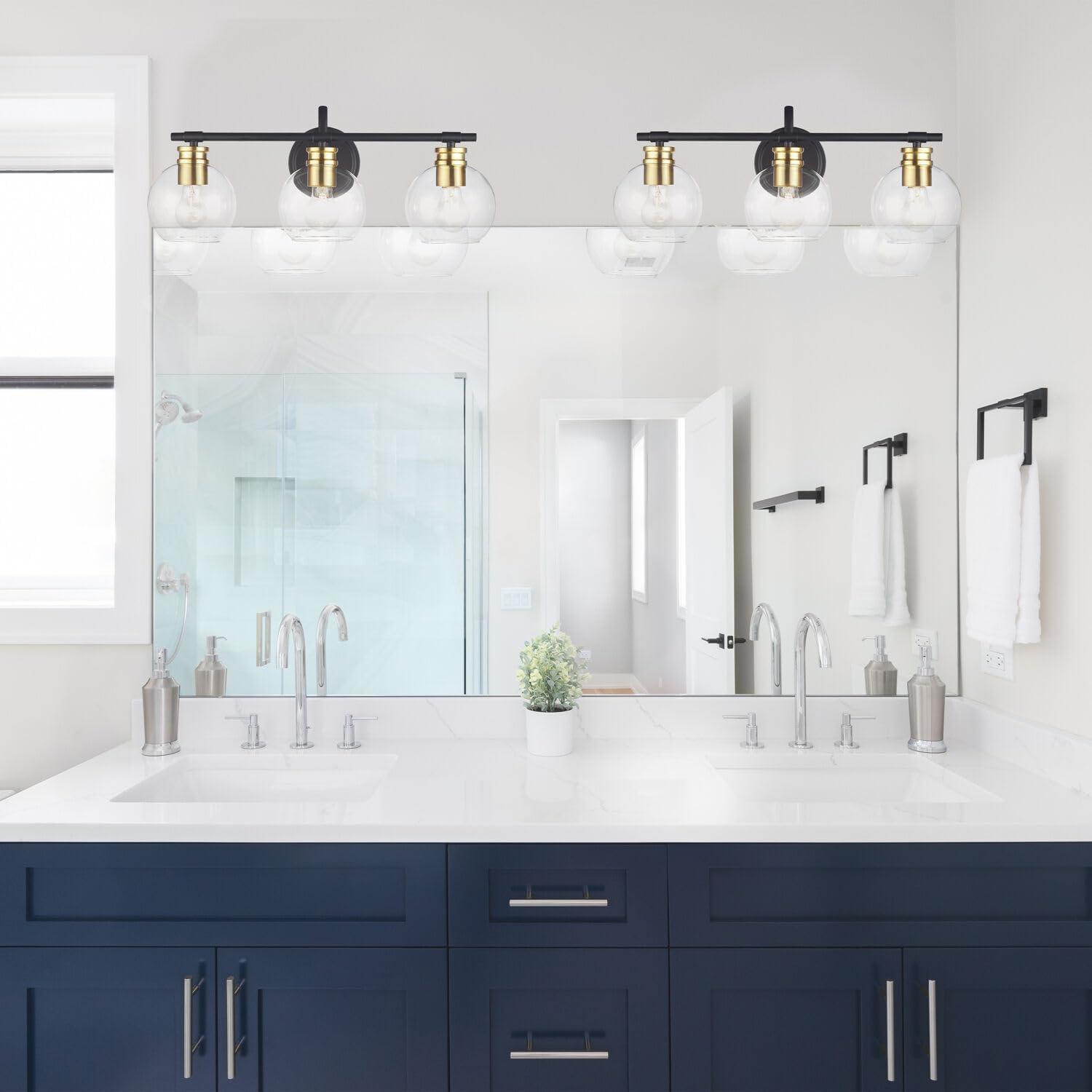 Black and Brushed Brass 3-Light Vanity Bar with Clear Glass Shades