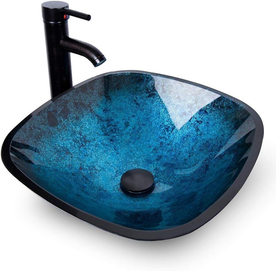 Blue Tempered Glass Square Bathroom Vessel Sink