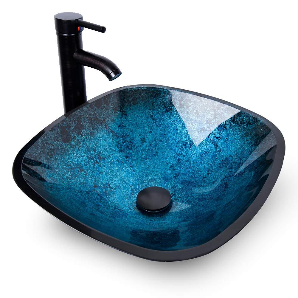 16" L x 16" W Glass Bathroom Vessel Sink Square Tempered Glass Art Basin Above Counter Bathroom Sink