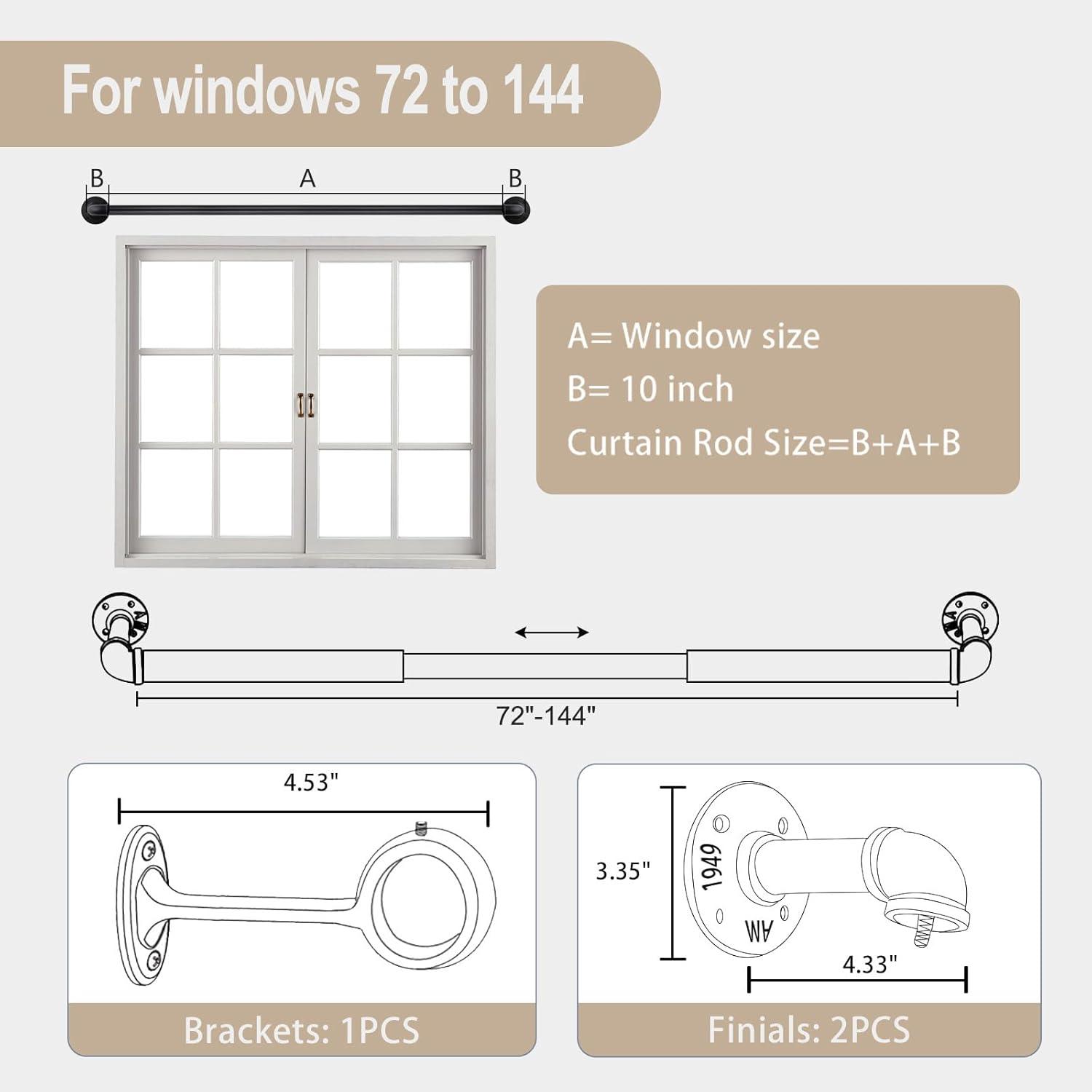 1 Inch Industrial Curtain Rod Curtain Rod for Windows 66 to 120 Curtain Rods Black Curtain Rod Outdoor Curtain Rod Rustic Curtain Rod Room Divider Curtain Rod 98-144 Inch: Black