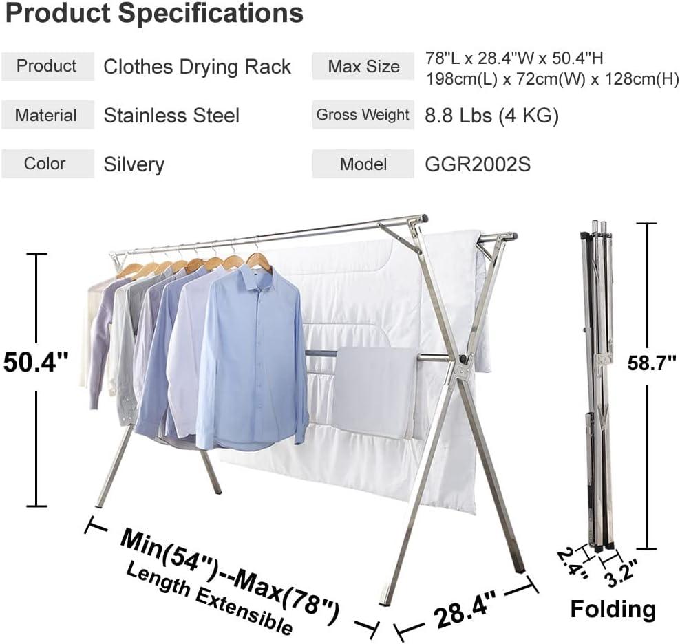 Clothes Drying Rack for Laundry Foldable,Stainless Steel Laundry Drying Rack for Indoor Outdoor,Foldable Easy Storage Clothes Rack for Drying, Garment Rack Space Saving, 63 Inches