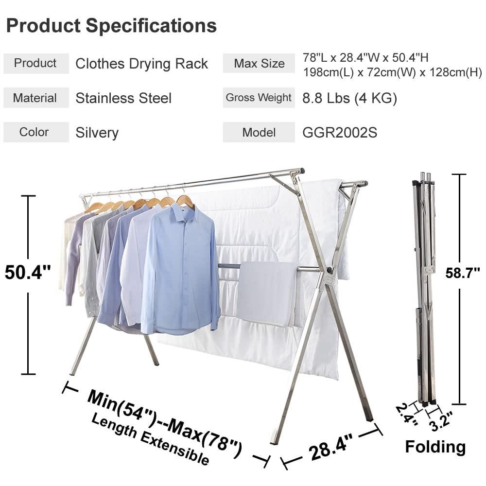 Clothes Drying Rack for Laundry Foldable,Stainless Steel Laundry Drying Rack for Indoor Outdoor,Foldable Easy Storage Clothes Rack for Drying, Garment Rack Space Saving, 63 Inches