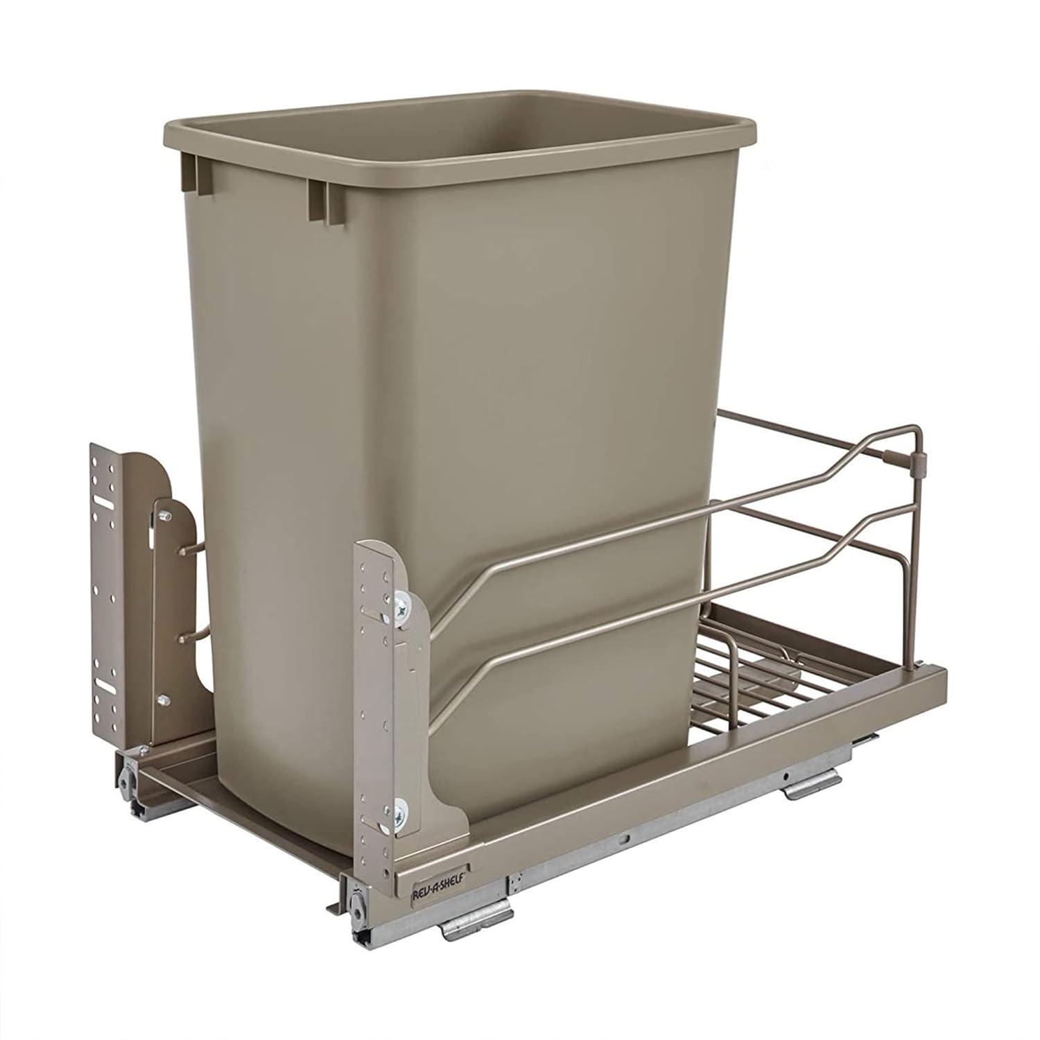 Rev-A-Shelf Pullout Trash Can for Under Kitchen Cabinets 35 Quart  8.75 Gallon with Soft-Close Slides and Rear Storage, Champagne, 53WC-1535SCDM-112