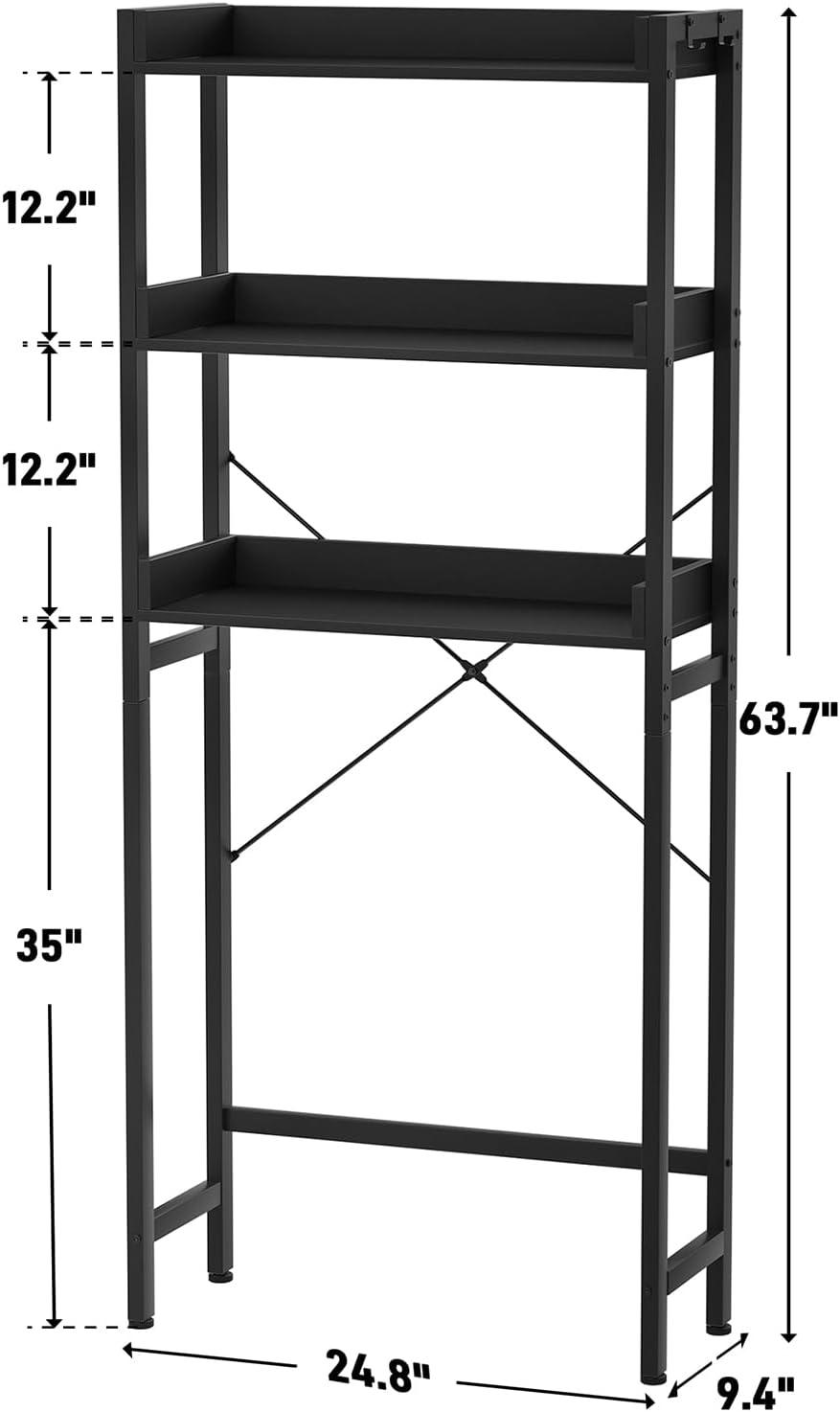 3-Tier Over The Toilet Storage, Space Saver Metal Bathroom Shelves, Freestanding above Over Toilet Storage Shelf with 4 Hooks for Bathroom, Black