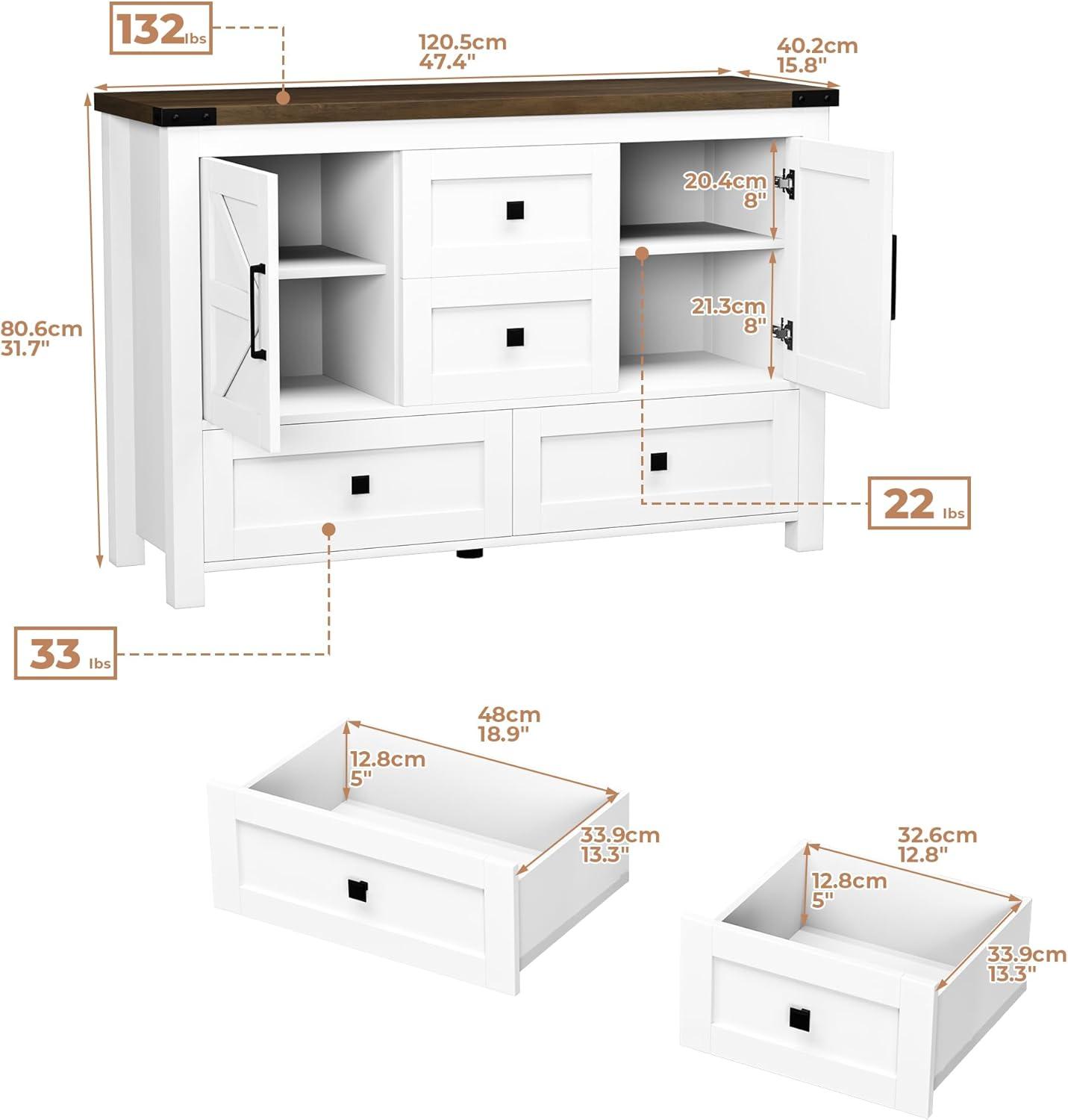 VVFLU Farmhouse Dresser for Bedroom with 4 Drawers & 2 Barn Doors, White Wood Chest of Drawers 47 Inch Wide Large Long, Adjustable Shelves, Living Dining Room