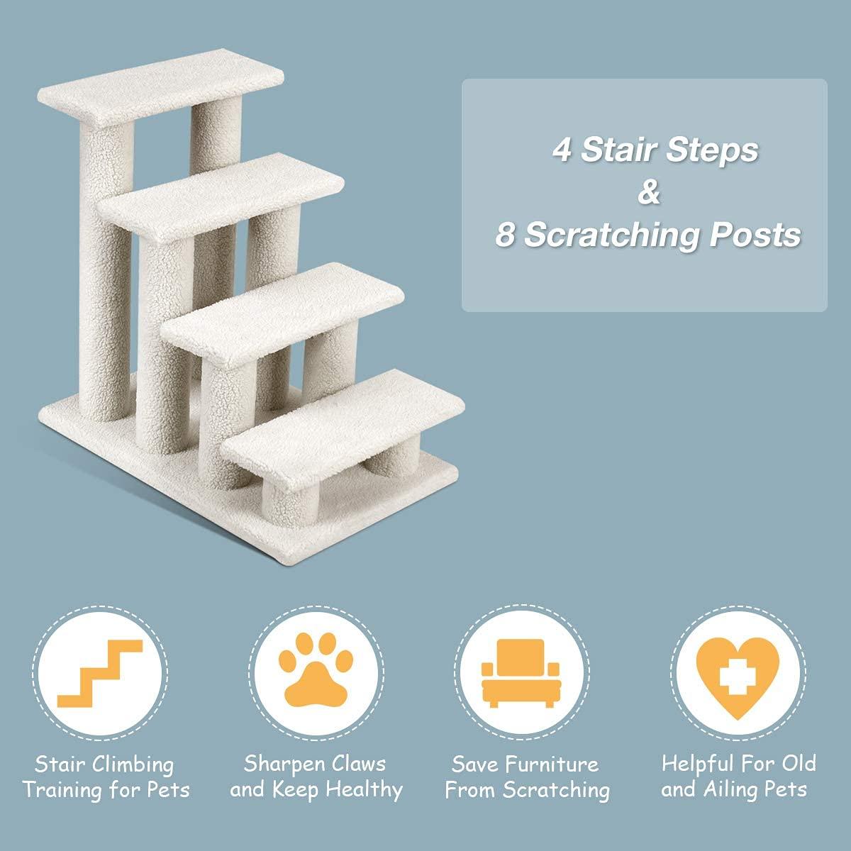 4-Step Pet Stairs Carpeted Ladder Ramp Scratching Post Cat Tree Climber, Dog Stairs for Small Dogs, Dog Steps Stairs Ramps for High Bed Couch