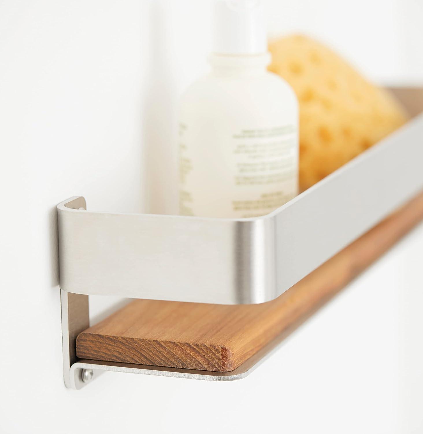 Satin Stainless Steel and Teak Wood Rectangular Shower Shelf