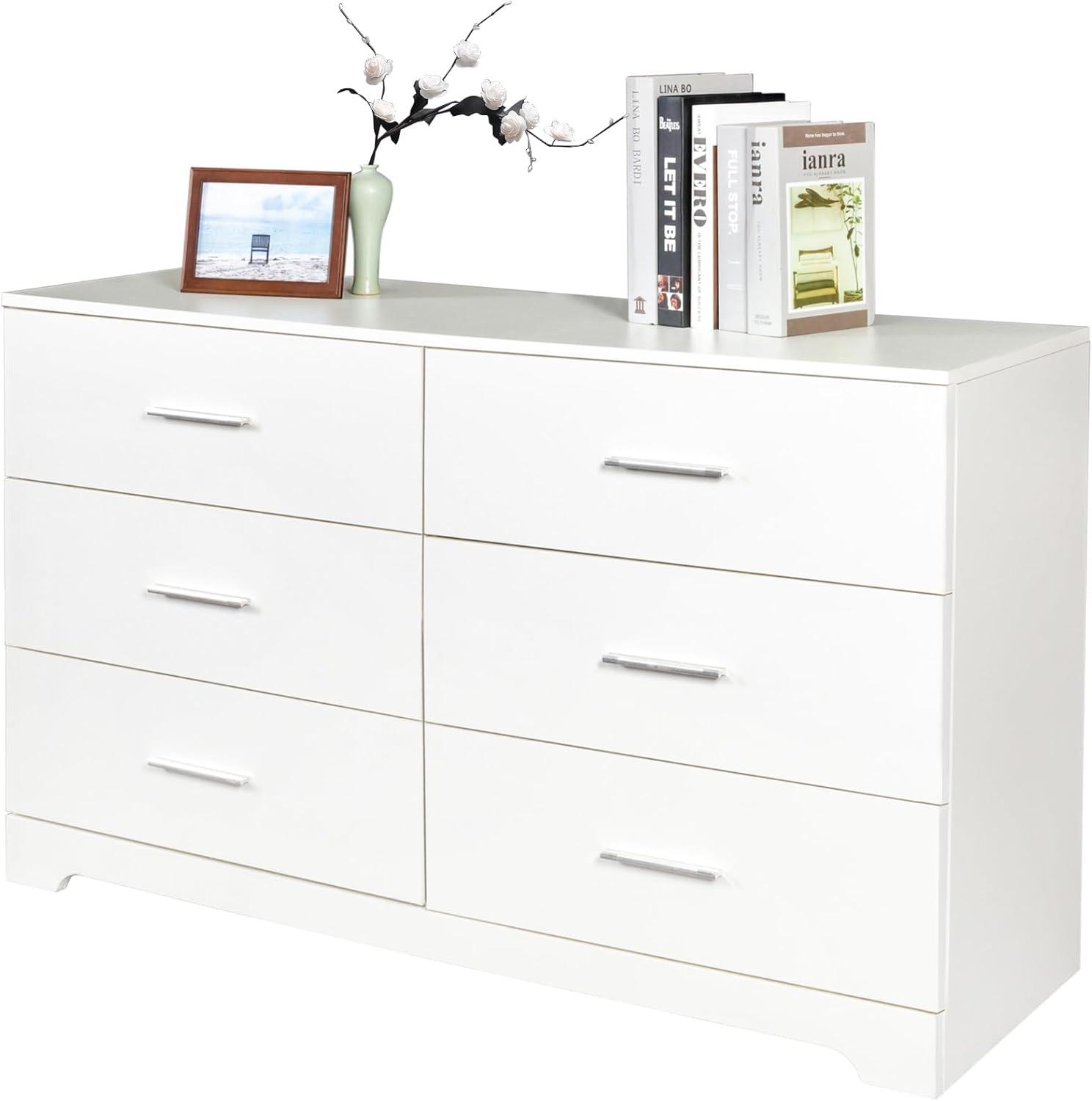 Ktaxon Bedroom Dresser with 6 Drawers, Wooden Double Dresser for Entryway, Wide Storage Cabinet for Living Room, White