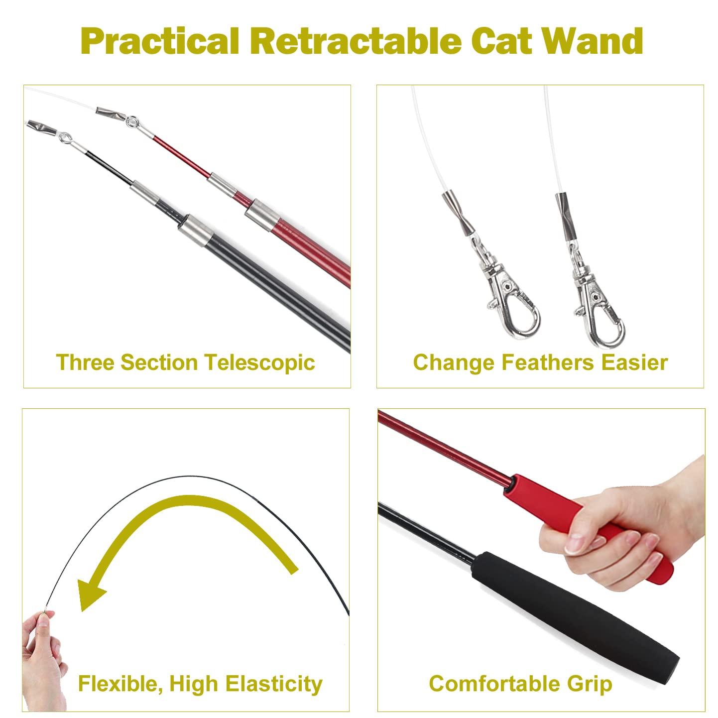 Cat Feather Toy, Retractable Cat Toys Wand 2 Wands & 9 Assorted Teaser Refills, Interactive Feather Teaser Wand Toy Bell Kitt