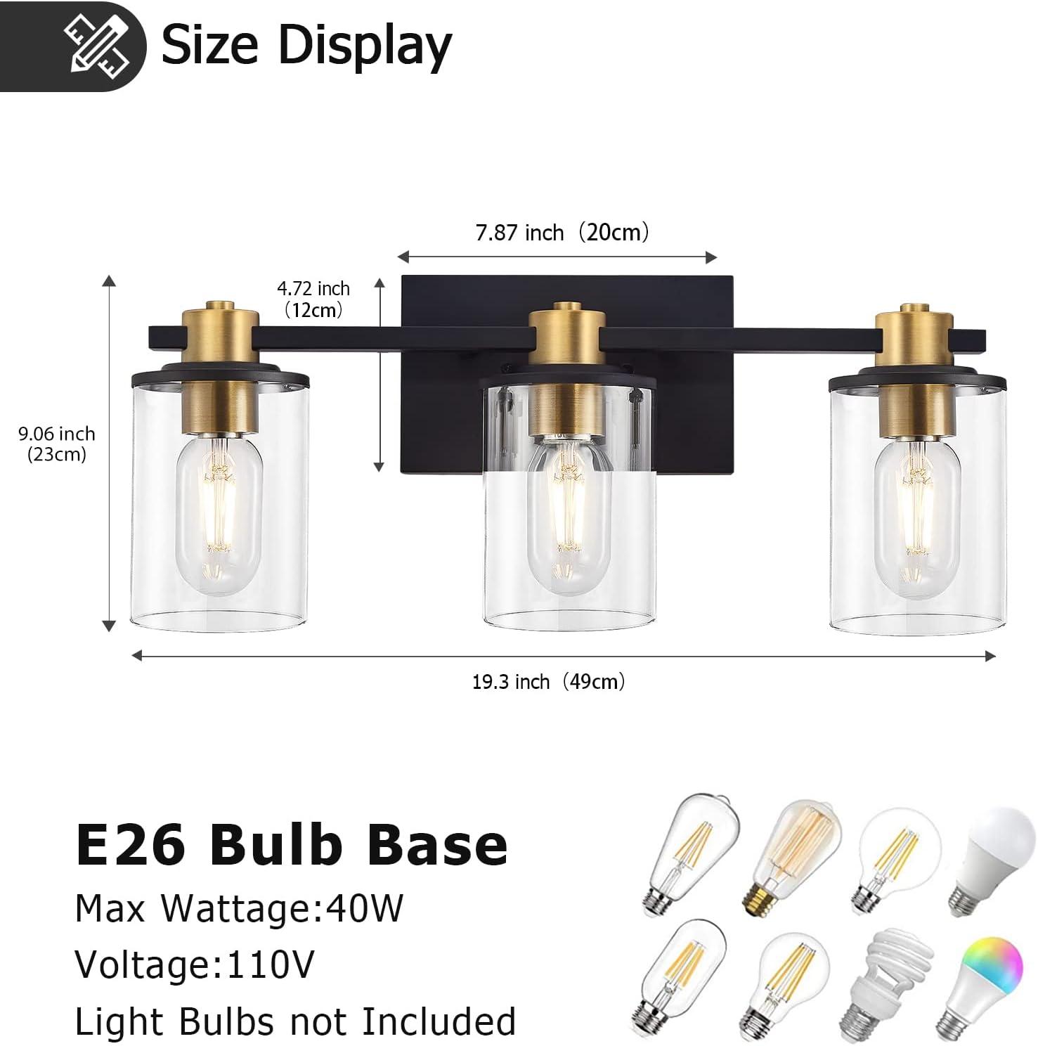 Black and Gold 3-Light Vanity with Clear Glass Shades