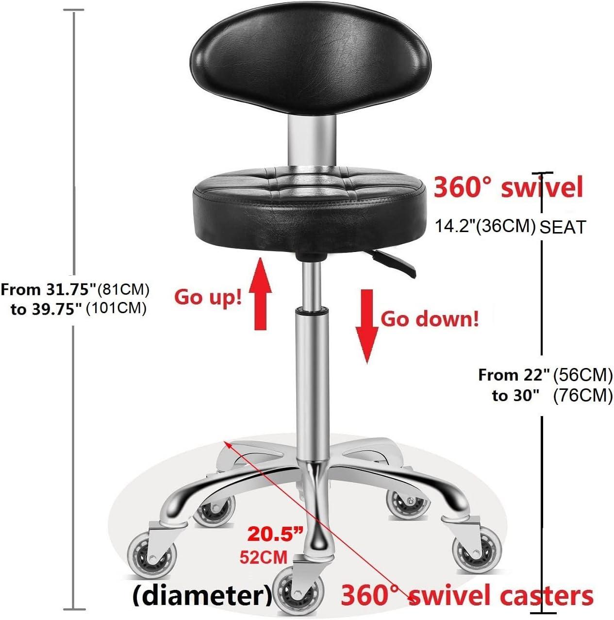 Kaleurrier Rolling Stool Salon Chair with Smooth-Rolling Wheels 360-degree Swivel Seat Heavy Duty Hydraulic Height Adjustable High Barber Cutting Stools (Black, with Backrest)