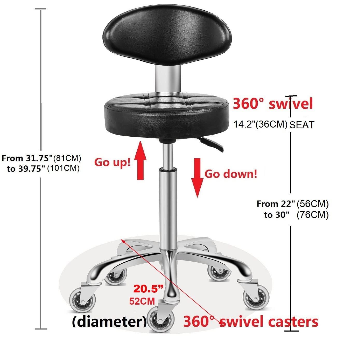 Kaleurrier Rolling Stool Salon Chair with Smooth-Rolling Wheels 360-degree Swivel Seat Heavy Duty Hydraulic Height Adjustable High Barber Cutting Stools (Black, with Backrest)