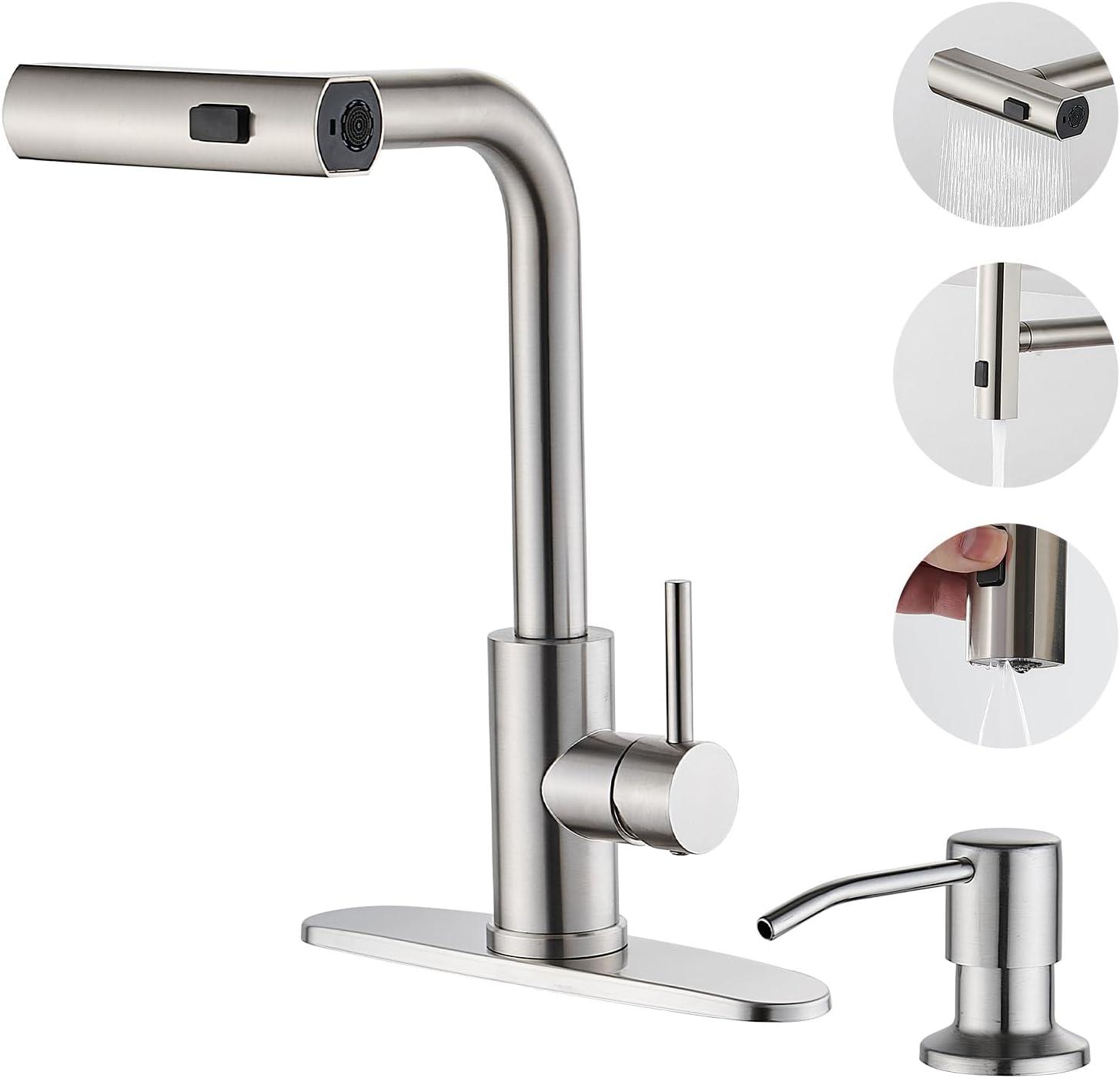 Luxury Waterfall Kitchen Faucet - Brushed Nickel Single Hole Sink Faucet with 3-Mode Pull-Out Sprayer, 360° Swivel, SUS304 Stainless Steel, High Arc, Easy Installation, Durable and Corrosion-Resistant