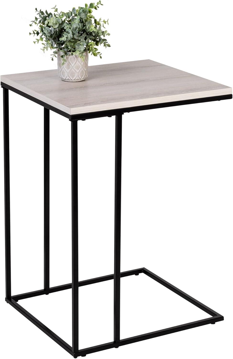 Natural Wood Grain and Matte Black Metal Square C-Shape End Table