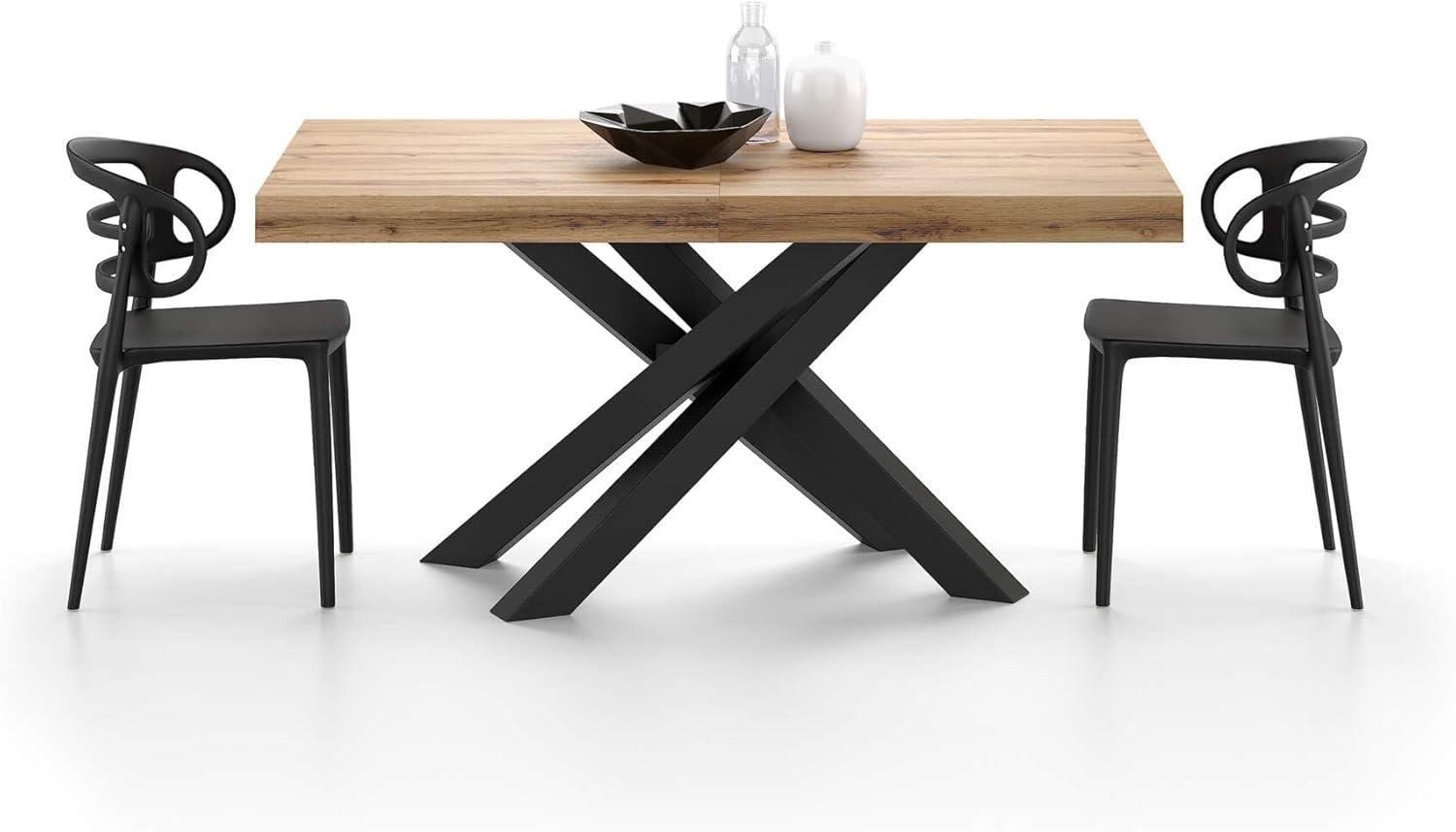 Mobili Fiver, Emma 63(94.5) x35.4 in Extendable Table, Rustic Oak with Black Crossed Legs, for 6-10 People, Expandable Dining Table for Kitchen, Living Room, Italian Furniture