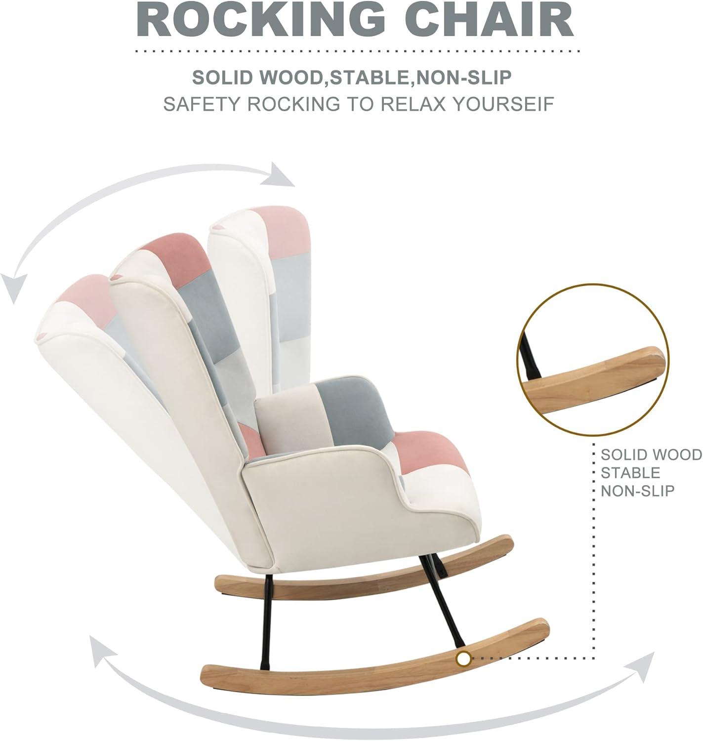 Accent Rocking Chair, Mid Century Fabric Rocker Recliner Chairs with Wood Legs and Patchwork Linen for Livingroom Bedroom, Pink