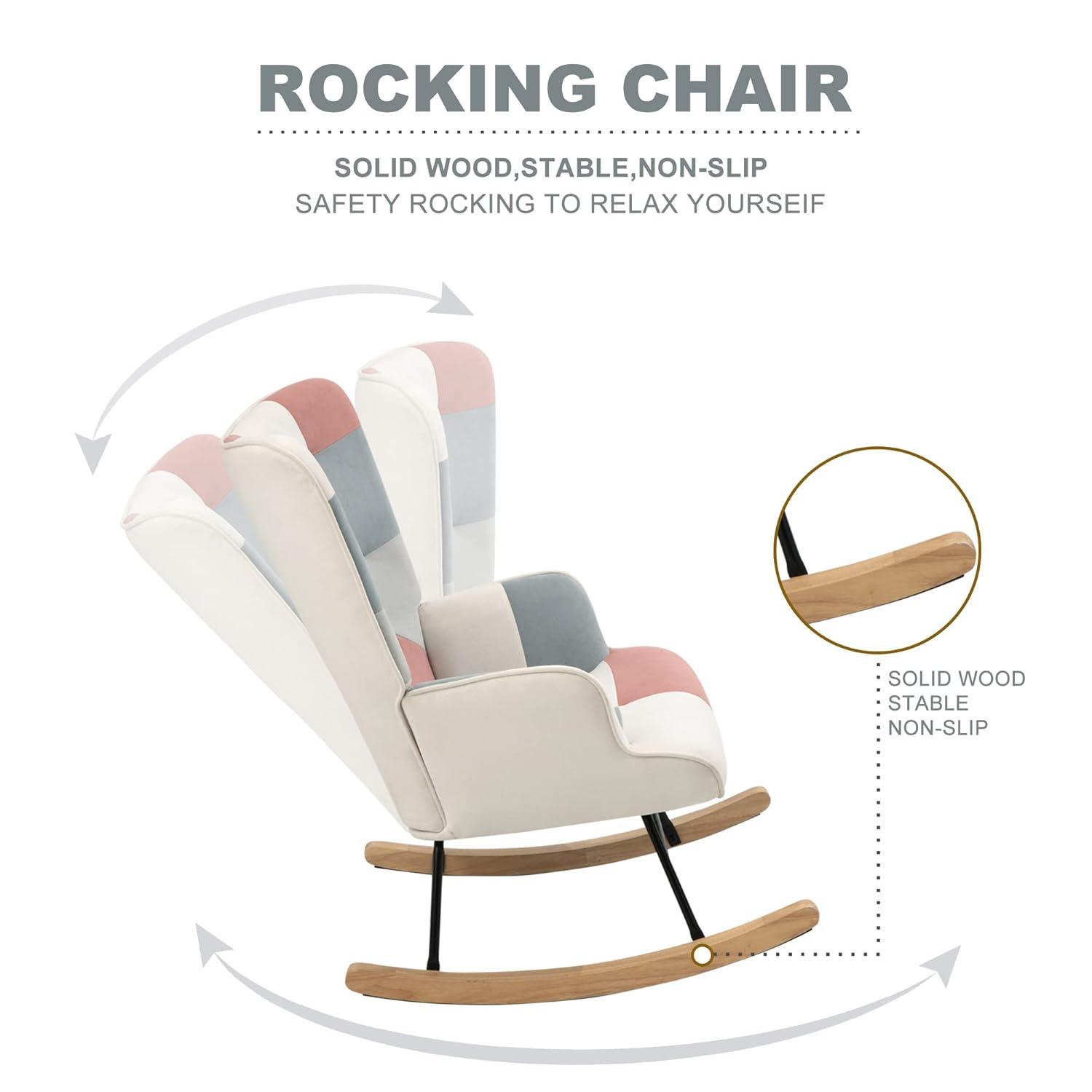 Accent Rocking Chair, Mid Century Fabric Rocker Recliner Chairs with Wood Legs and Patchwork Linen for Livingroom Bedroom, Pink