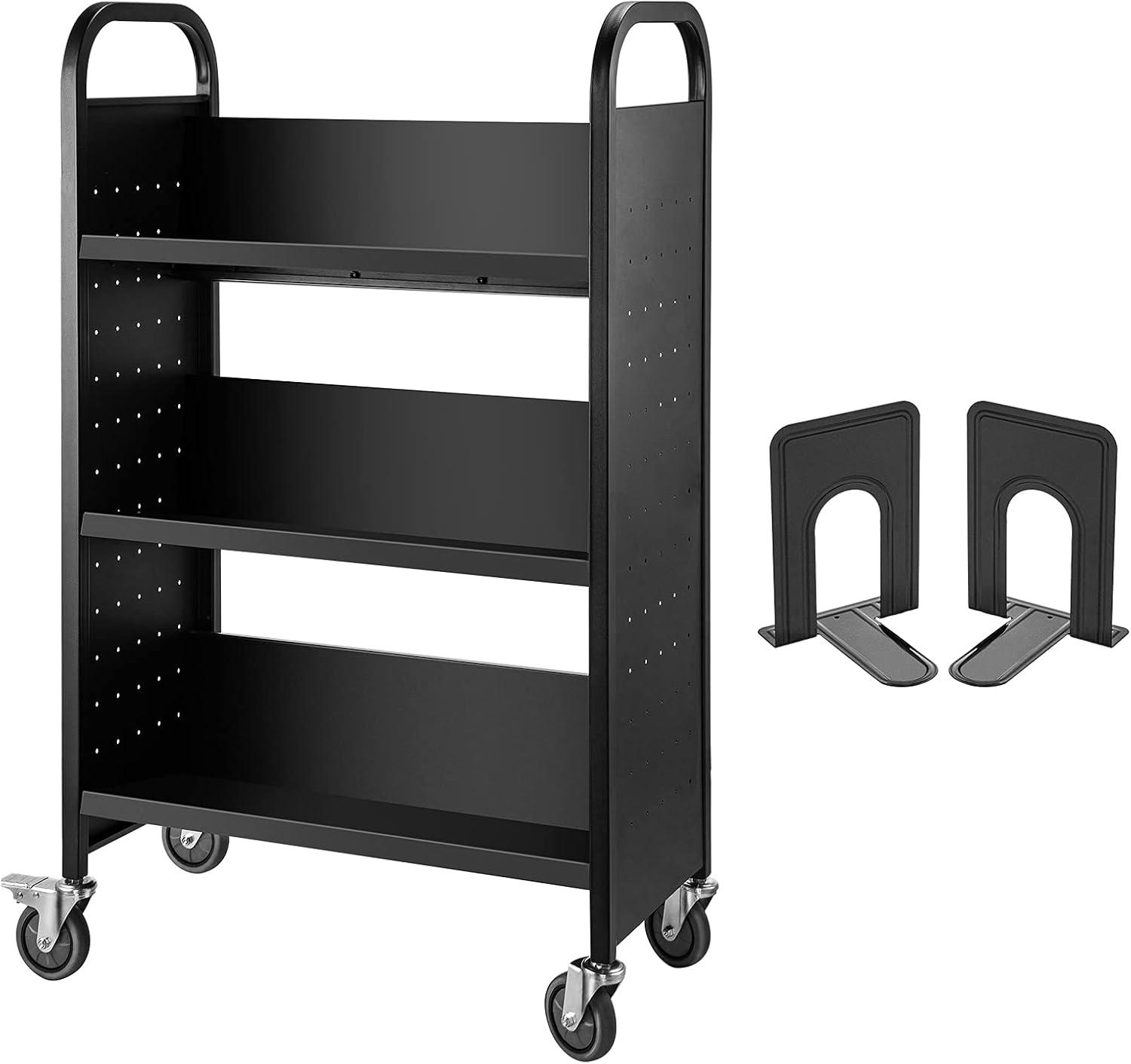 Black Steel Rolling Library Cart with V-Shaped Shelves