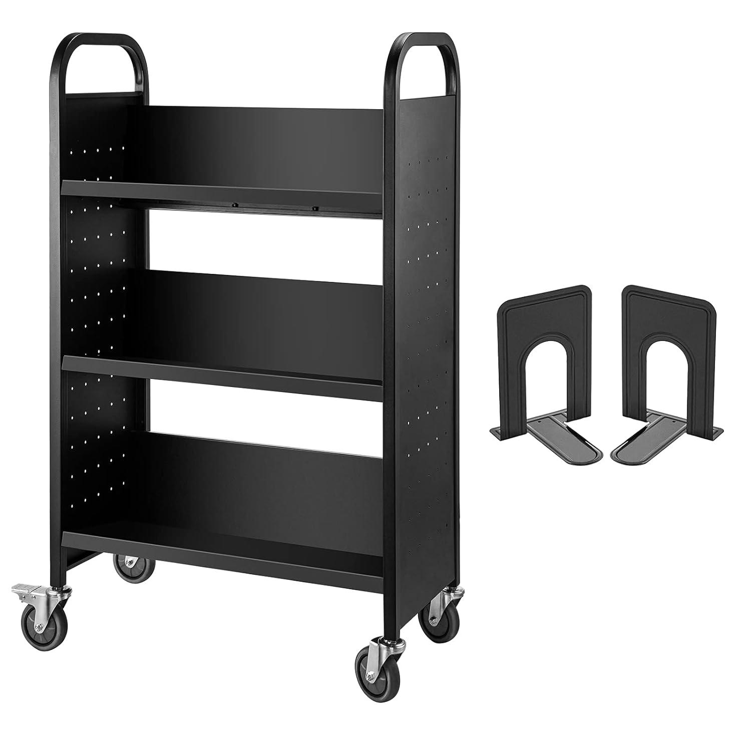 VEVOR Book Cart, 200lbs Library Cart, 30x14x49 Inch Rolling Book Cart Single Sided V-Shaped Sloped Shelves with 4 Inch Lockable Wheels, for Home Shelves Office and School Book Truck in Black