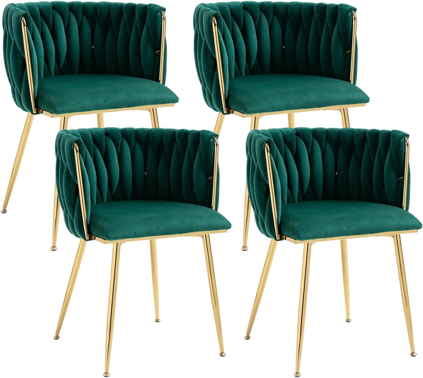 Green Velvet Upholstered Side Chair with Gold Legs, Set of 4