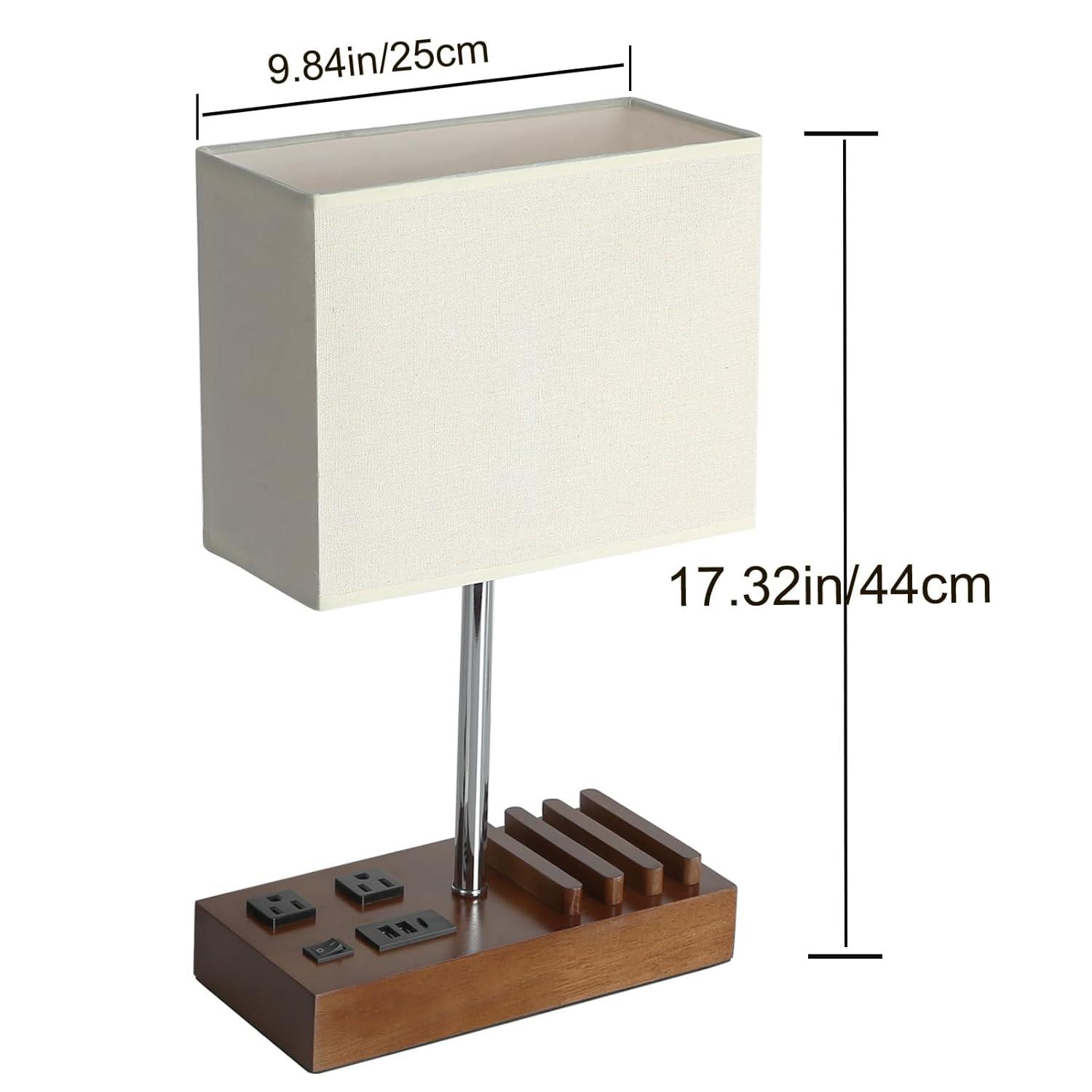 Briever USB Table Lamp, Multi-Functional Bedside Desk Lamp with 2 AC Outlets, 3 USB Charging Ports and Wooden Phone Stands, Modern Nightstand Lamp for Bedroom, Guest Room, Office