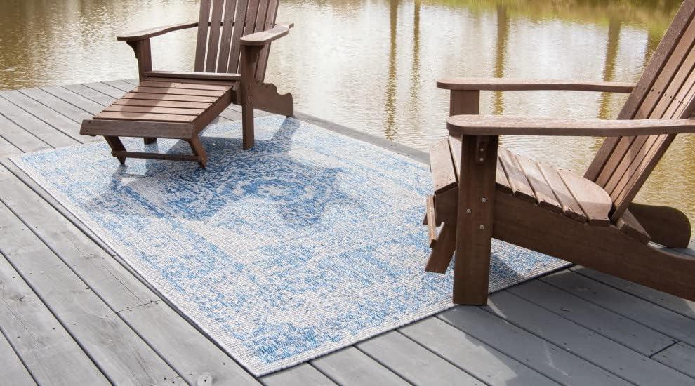 Unique Loom Outdoor Traditional Collection Area Rug - Timeworn (7' 1" x 10' Rectangle Blue/Gray)